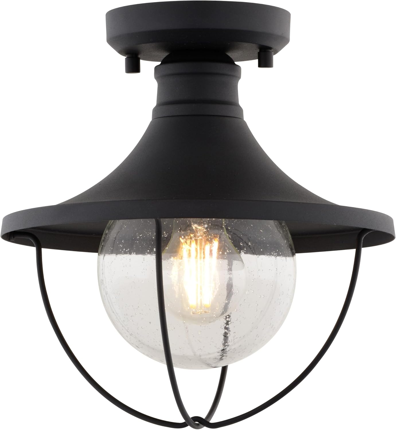 VAXCEL Dunlap 1 Light Textured Black Coastal Semi-Flush Mount Ceiling Light with Clear Seeded Glass, Ideal for Entryways & Patios