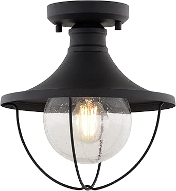 VAXCEL Dunlap 1 Light Textured Black Coastal Semi-Flush Mount Ceiling Light with Clear Seeded Glass, Ideal for Entryways &amp; Patios