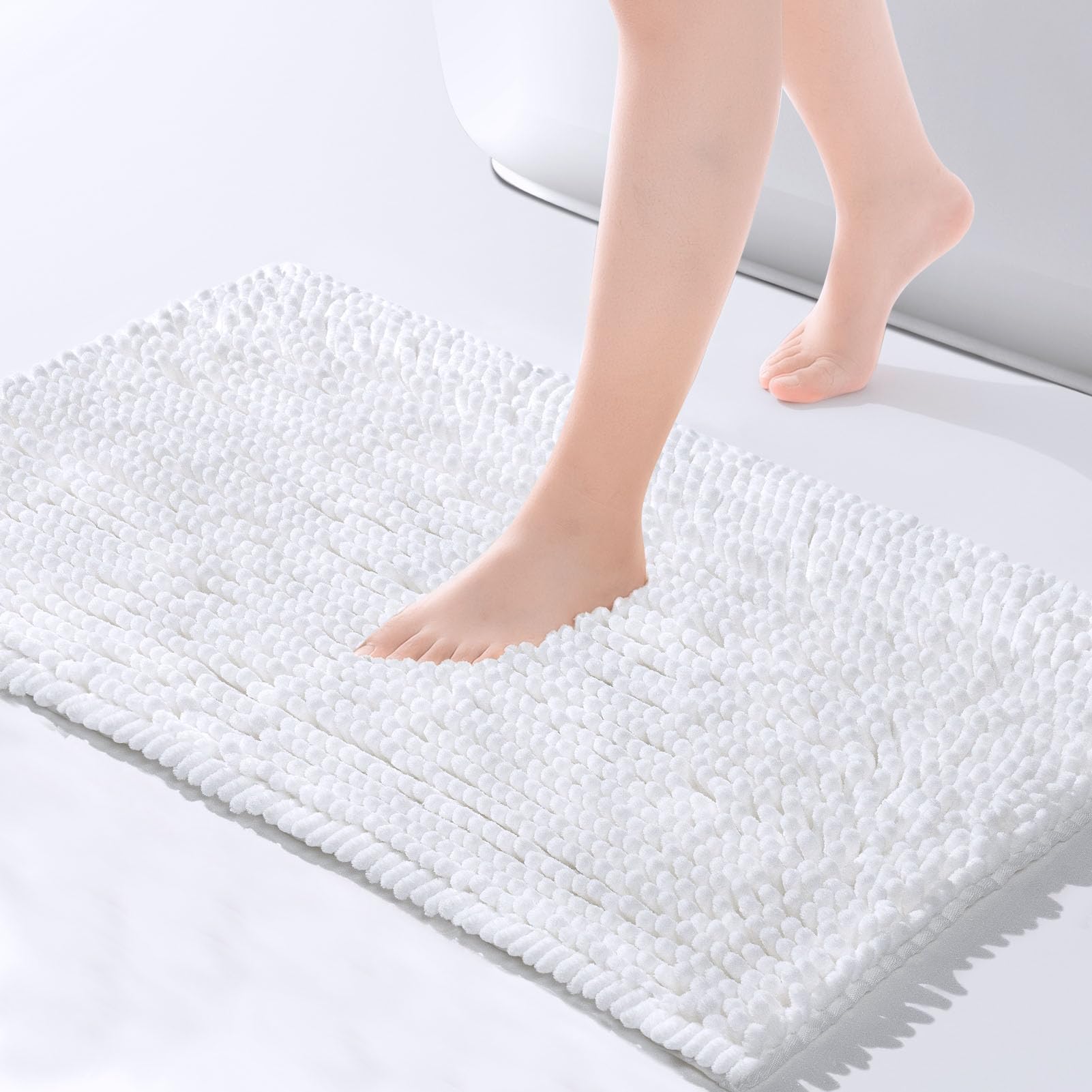 FRESHMINT Chenille Bathroom Rugs Mat 24"x17", Non-Slip Bath Mat for Bathroom Floor, Washable Soft Thick Water Absorbent Microfiber Shower Mat, White