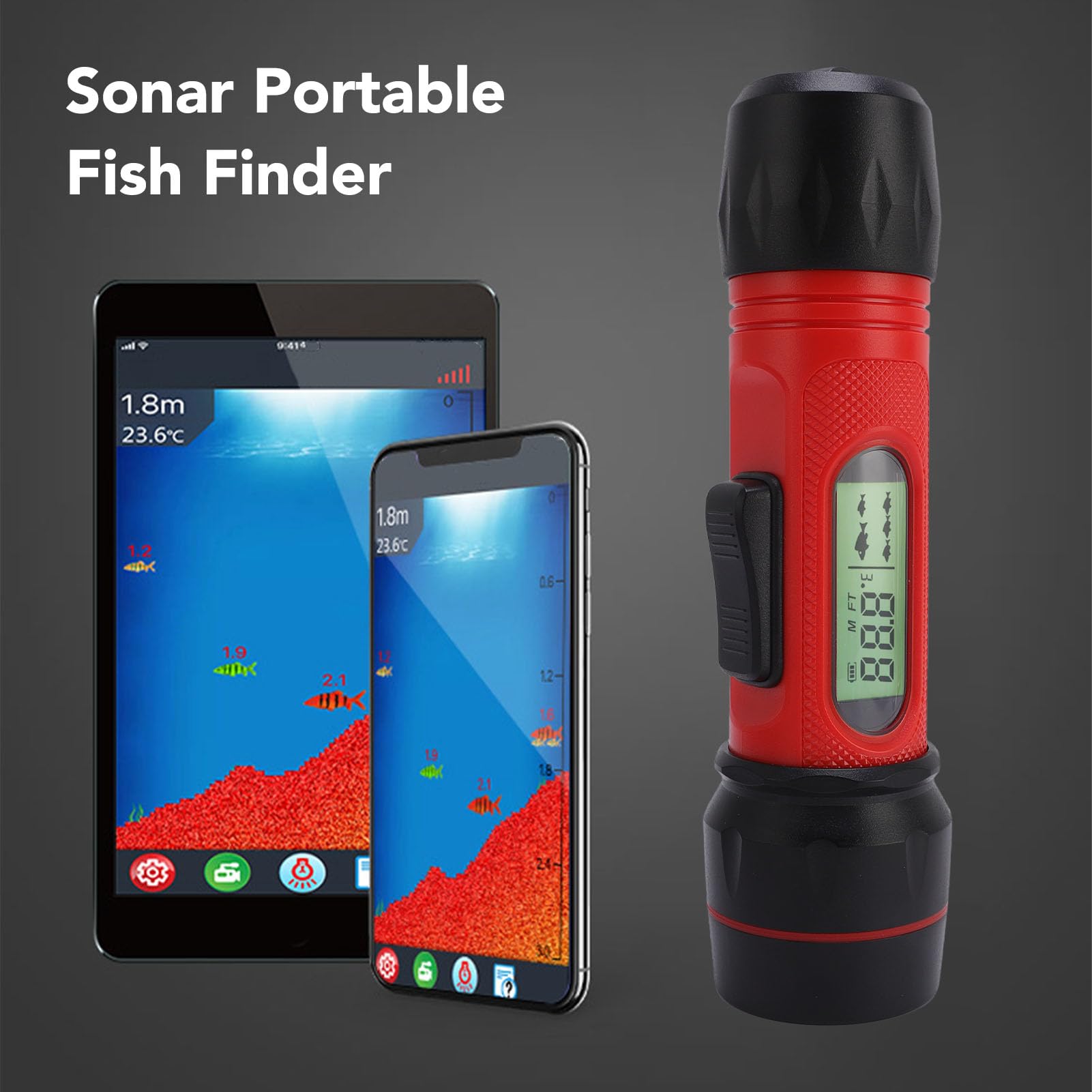 Denash Fischfinder, Sonar-Handheld IP68, Wasserdicht, 90 M Tiefenmesser mit LCD-Display für Kajakboot-Eisfischen, Tragbarer Fischtiefenmesser