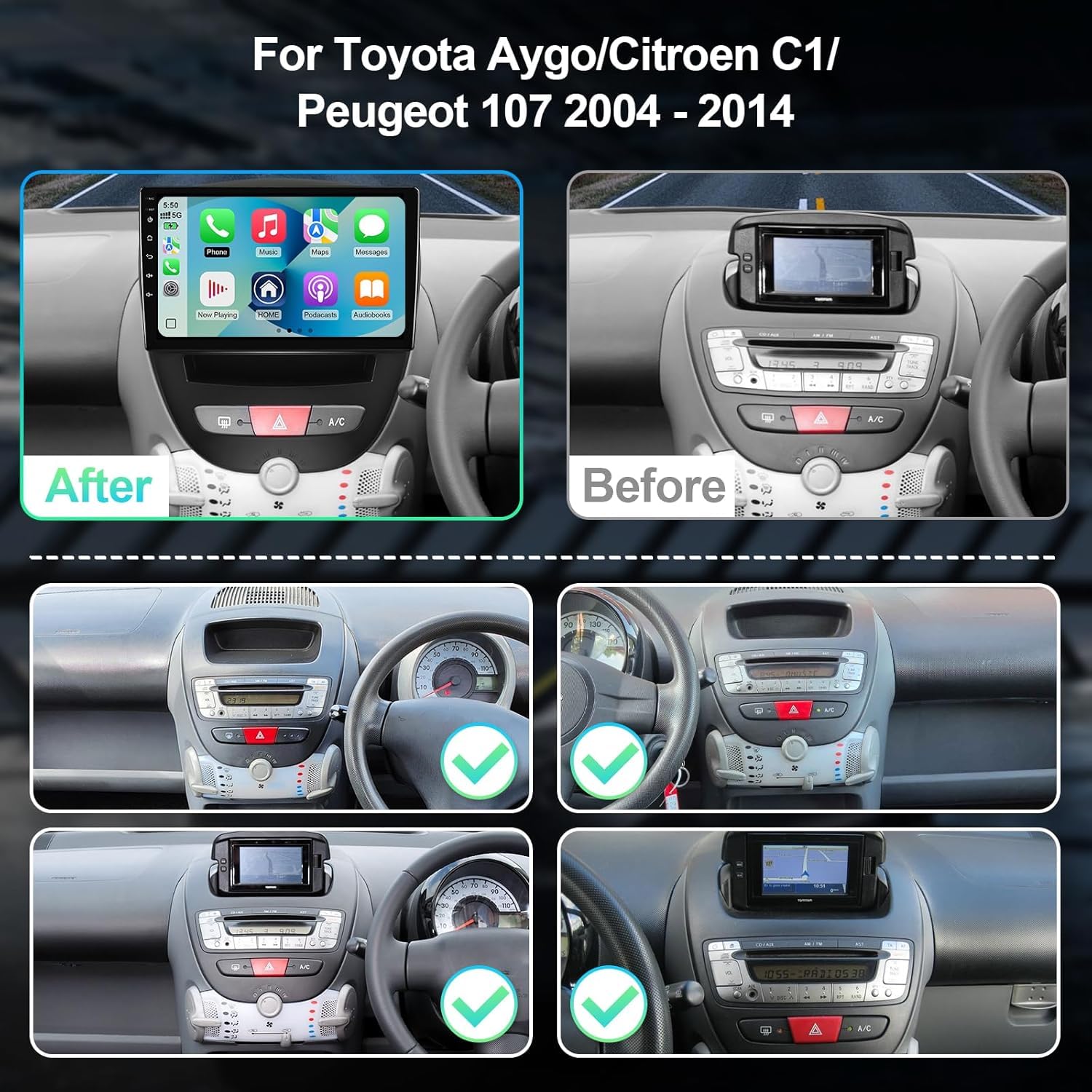 [2+64G] 10.1" Android 16 2 Din Radio con navigazione per Toyota Aygo/Peugeot 107 / Citroën C1 2005–2014-[Integrato CarPlay/Android Auto/DSP/GPS/Bluetooth 5.0/MirrorLink/Controllo del volante]