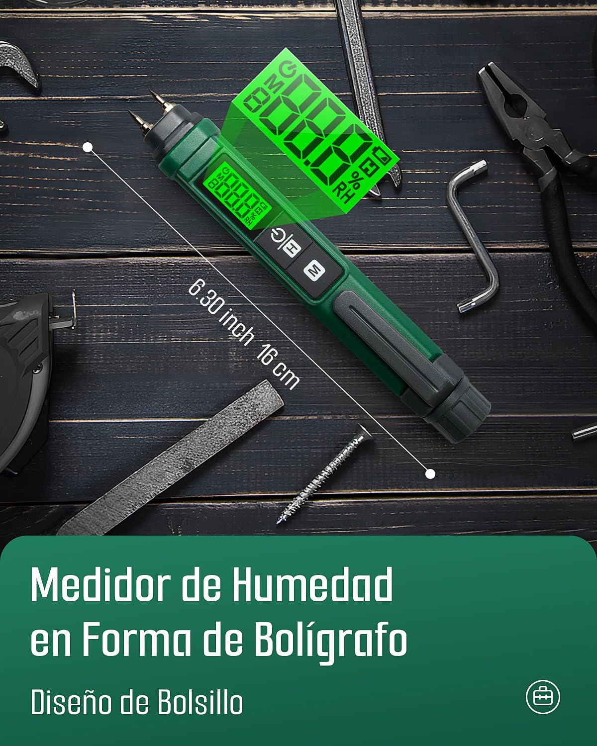 TESMEN TWM-186 Medidor de Humedad Portátil 2 Modos 7 Escalas Madera Ladrillos Paredes Verde