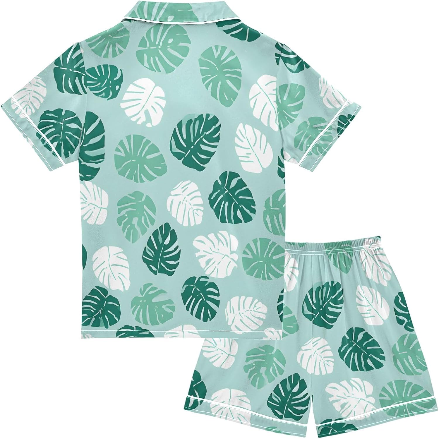 Kids Casual Satin Wear Set Green Palm Leaf Pattern Unisex Short Sleeve Clothing for Relaxing