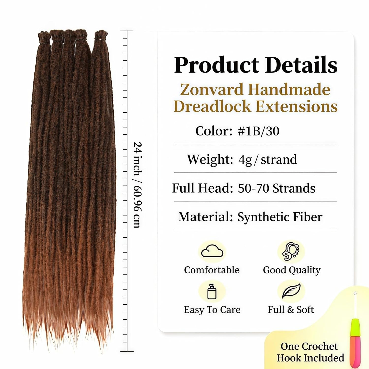 24 Inch 50 Strands Dreadlock Extensions, Black to Dark Brown 0.6cm Thin Synthetic Single-End Crochet Dreads, Handmade Reggae Style Dreadlock for Women#1B/30
