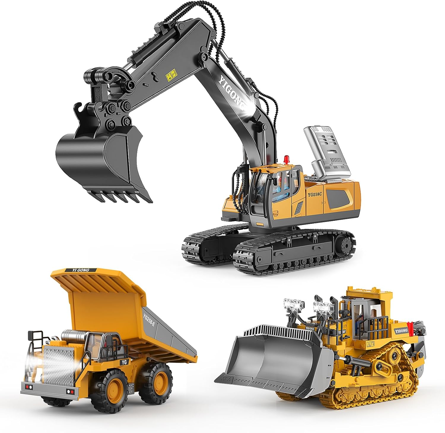 Remote Control Excavator (11-Channel), Dump Truck, Bulldozer, 2.4GHz Remote Control Construction Vehicles, Metal Construction, with Cool Lights and Sound Effects（3pcs）