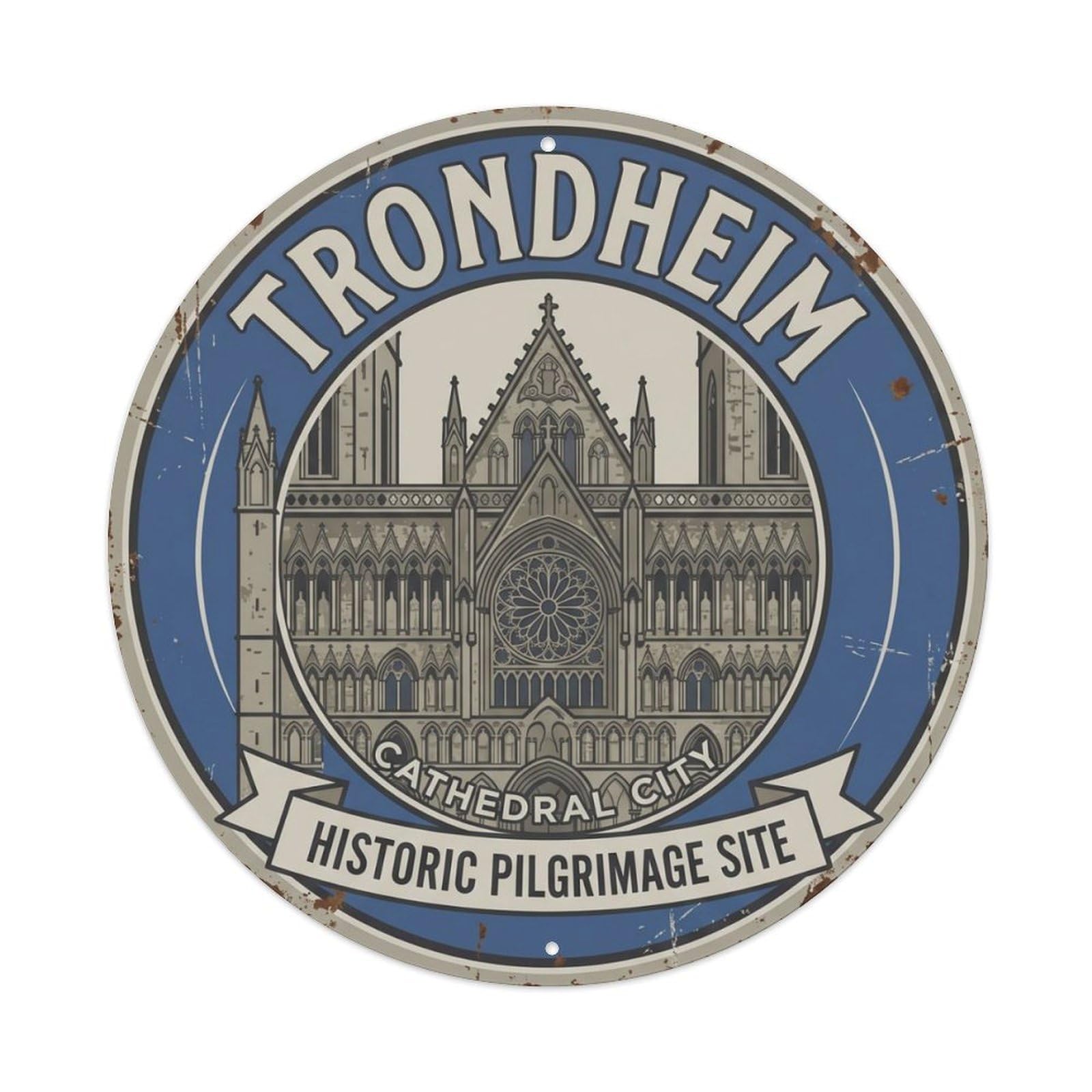 Vintage Travel Trondheim Norway Cathedral(1) Metal Tin Sign Plaque Wall Decor for Cafe, Club Bar, Office, Home Garden Round Metal Poster 8x8Inch