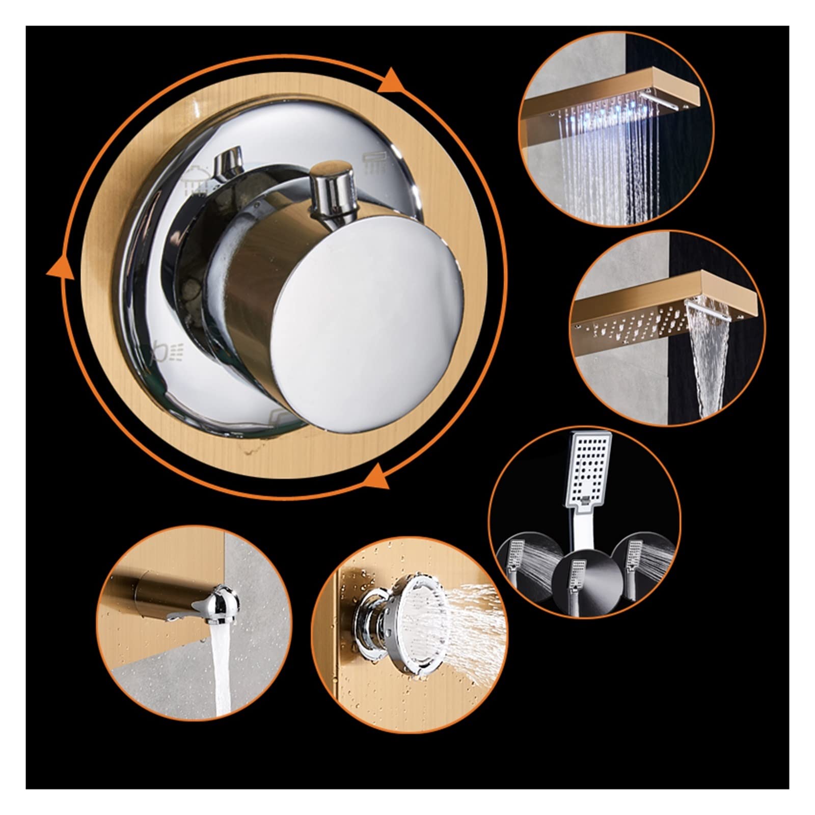 Paneles de Ducha, Panel de ducha dorado, luz LED for baño, columna, torre, pantalla Digital, mezcladores lluvia y cascada, chorros masaje giratorios
