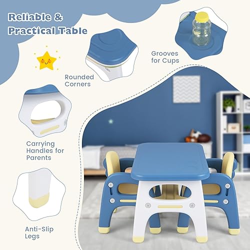 Miniatura 5 de HONEY JOY Juego de mesa y silla para niños, mesa de actividades con forma de dinosaurio y 2 sillas para manualidades artísticas, bloques de