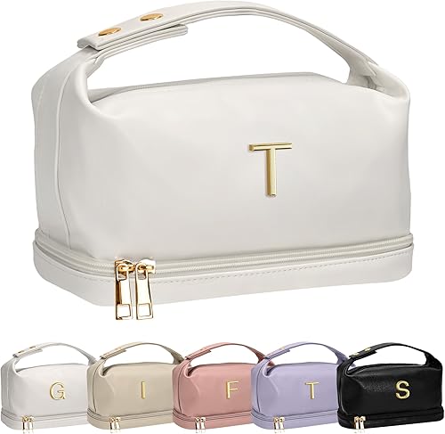 Vista 106 de Regalos Vogewood para mujeres, bolsa de maquillaje personalizada con asa, bolsa de cosméticos inicial de doble capa con organizador de brochas