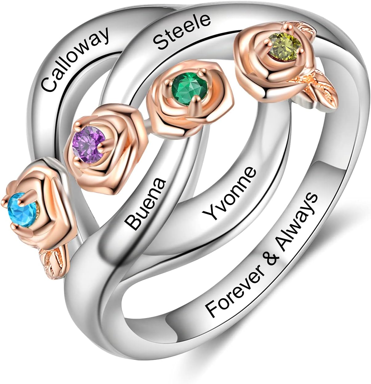 LanM Mothers Day Gifts Mothers Rings with 1-4 Birthstones Rose Ring Personalized Sterling Silver Custom Mom Ring with Name Gift for Wife Grandmother Family