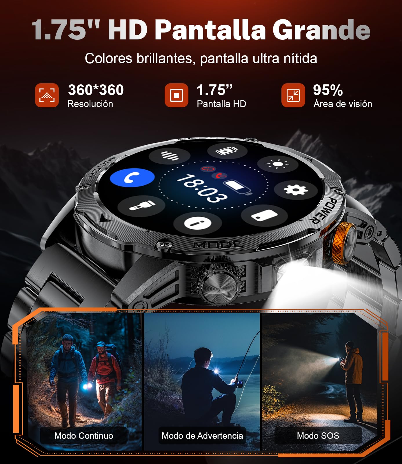 Reloj Inteligente Hombre, 1000mAh, Pantalla 1.75''HD, Smartwatch Diseño Militar, Llamada Bluetooth, 130+Deportivos, IP68 Resistente Agua Smart Watch, Monitoreo Cardíaco Sueño, Android iOS, Negro mate
