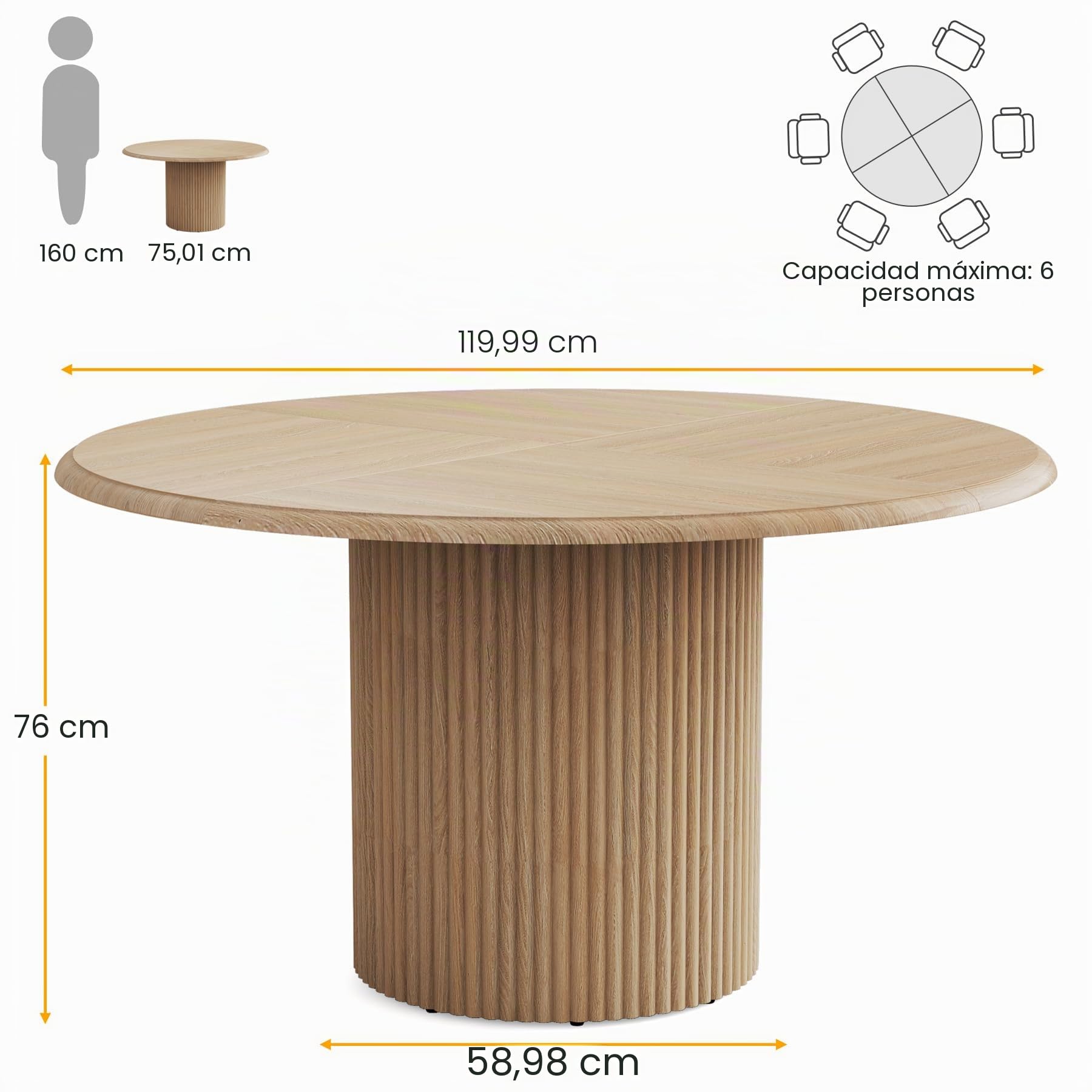 Tribesigns Mesa de Comedor Redonda, Mesa de Cocina Moderna de 120 cm, Mesa de Comedor para 4-6 Personas con Base de Metal para la Sala de Estar y el Comedor, Natural(SIN SILLAS)