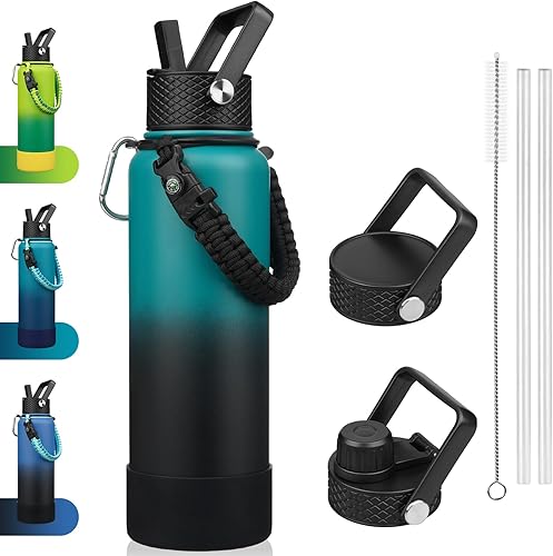 Miniatura 6 de BJPKPK Botella de agua aislada con tapa con popote, frascos térmicos de 22 onzas con 3 tapas, mango de paracord y bota antideslizante, vasos de