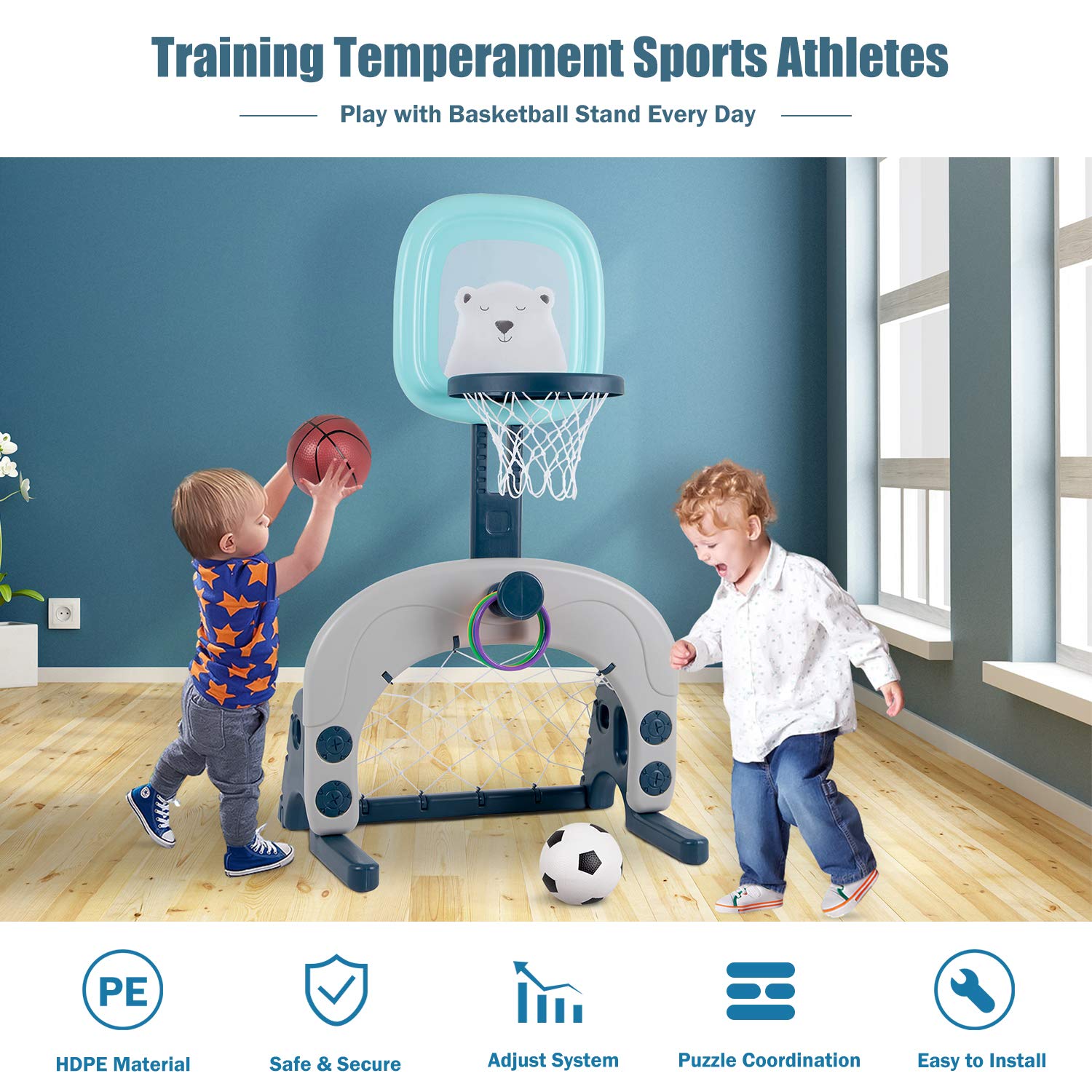 Hadwin Kinder Basketballkorb Set, 3 in 1 höhenverstellbarer Basketballständer & Fußballtor & Wurfspiel für Kleinkinder, Sport für Jungen und Mädchen, Indoor geeignet