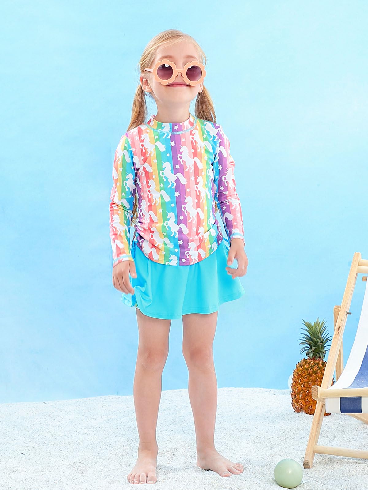 swimsobo Little Girls Rash Guard Size 5 6 Colorful Unicorn Bathing Suit 2 Pieces Swimsuit Long Sleeve Swimming Skirt Swimwear