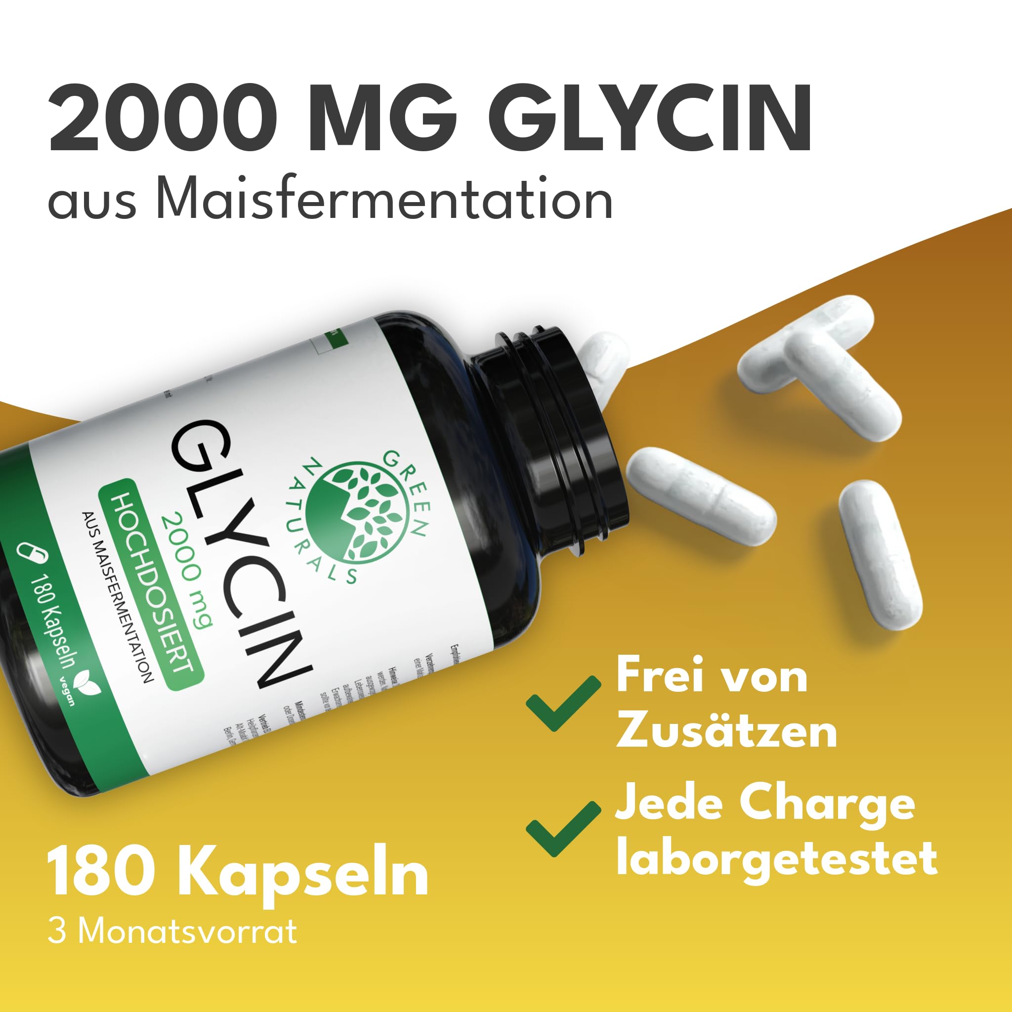 Green Naturals Glycin – Hochdosiert: 2.000 mg – 180 Kapseln | Aus natürlicher Fermentation · 3-Monatsvorrat · Laborgeprüft