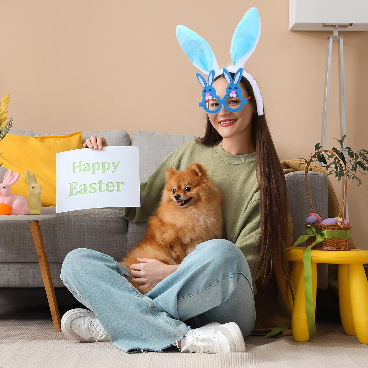 Lyrow 48 Pcs Easter Party Favors Include 24 Bunny Ears Headband Cute Plush Bunny Headband and 24 Easter Egg Eye Glasses Glasses for Costume Cosplay Decoration Photo Prop