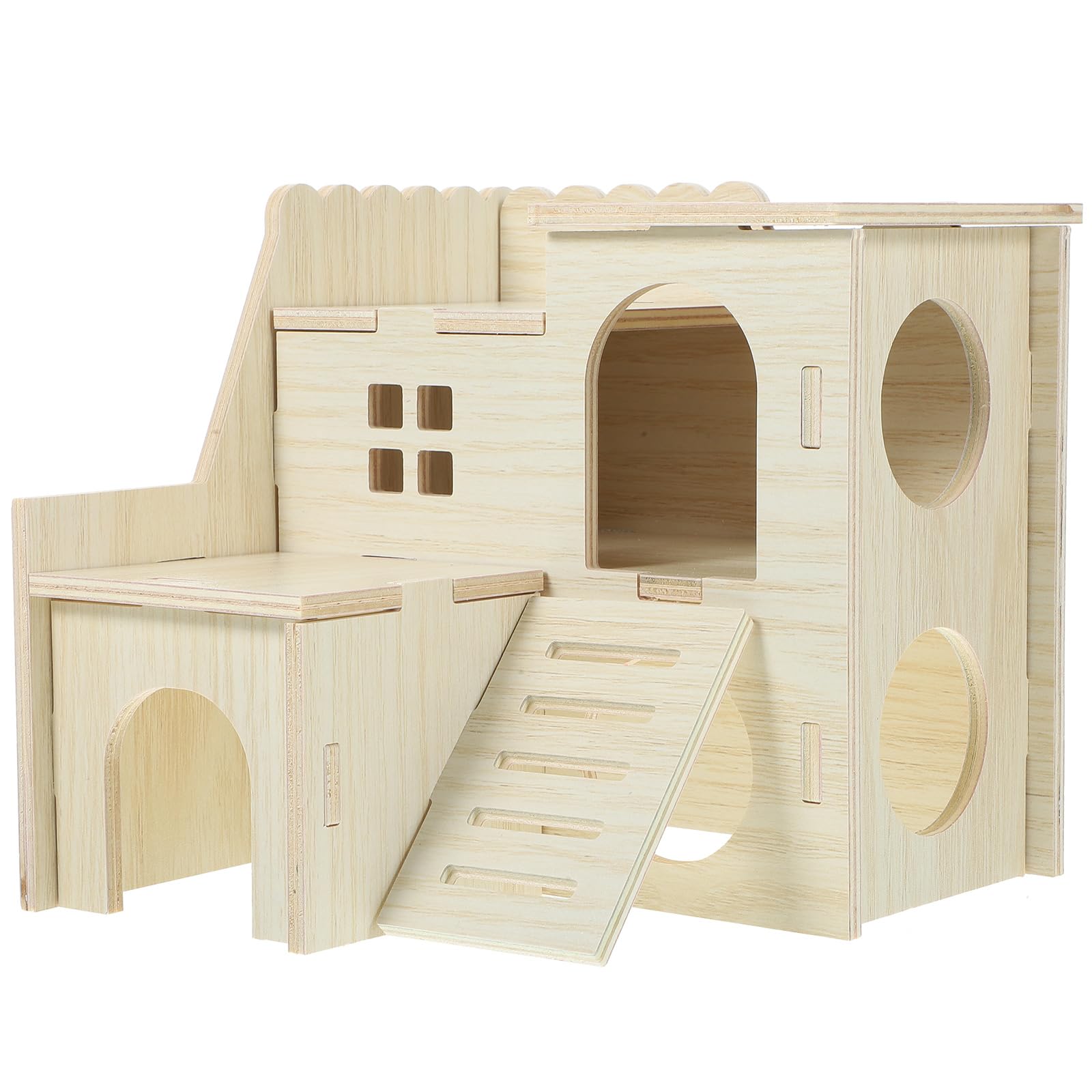 LOGOFUN Wooden Hamster Hideout Castle Multi-Chamber Hide Hut with Climbing Ladder for Chinchillas Guinea Pigs Small Pet Cage Accessories - 6 * 5 * 5in