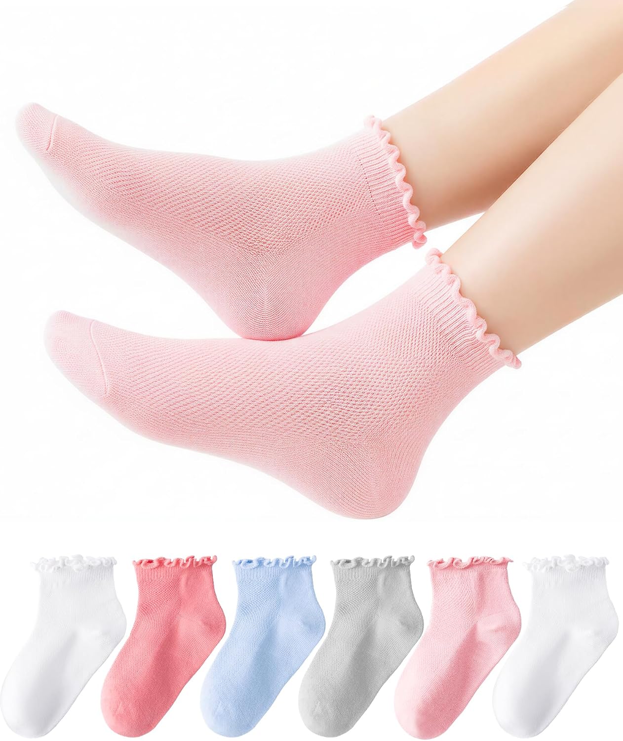 HONGTEYA Girls Socks Ruffle White School Dress Uniform Lace Cotton Socks for Kids Frilly Ankle 6 Pairs Size 2-14 Years