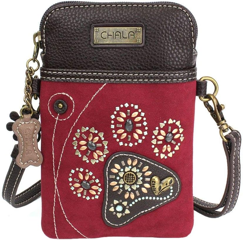 Chala Dazzled Paw Print Cellphone Convertible Strap Crossbody Handbag, Dog Lovers