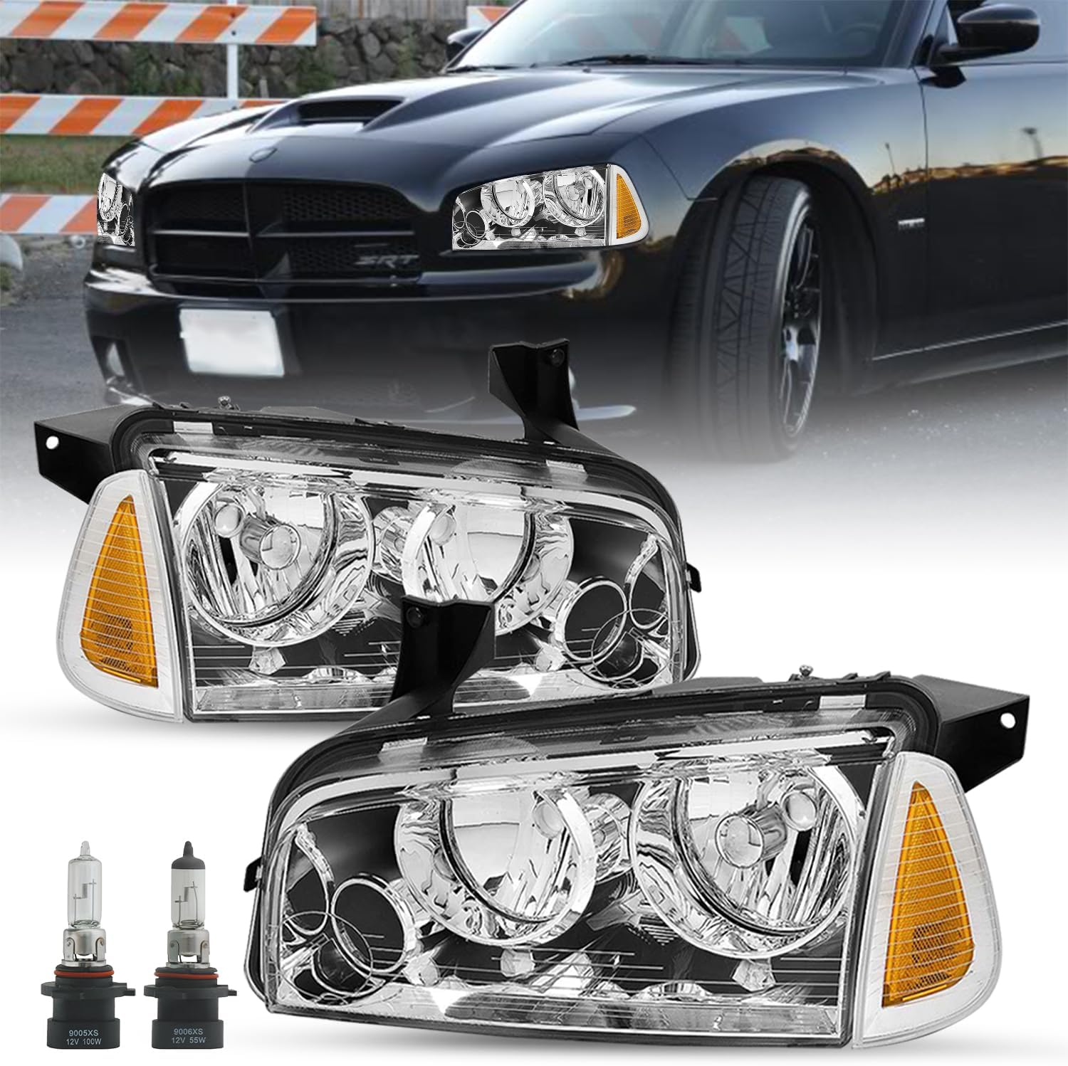 SOCKIR 4Pcs Halogen Headlight Assembly Compatible with 2006-2010 Dodge Charger Headlight with Corner Light Replacement OE Headlamp Passenger and Driver Side with High/Low Beam Bulbs