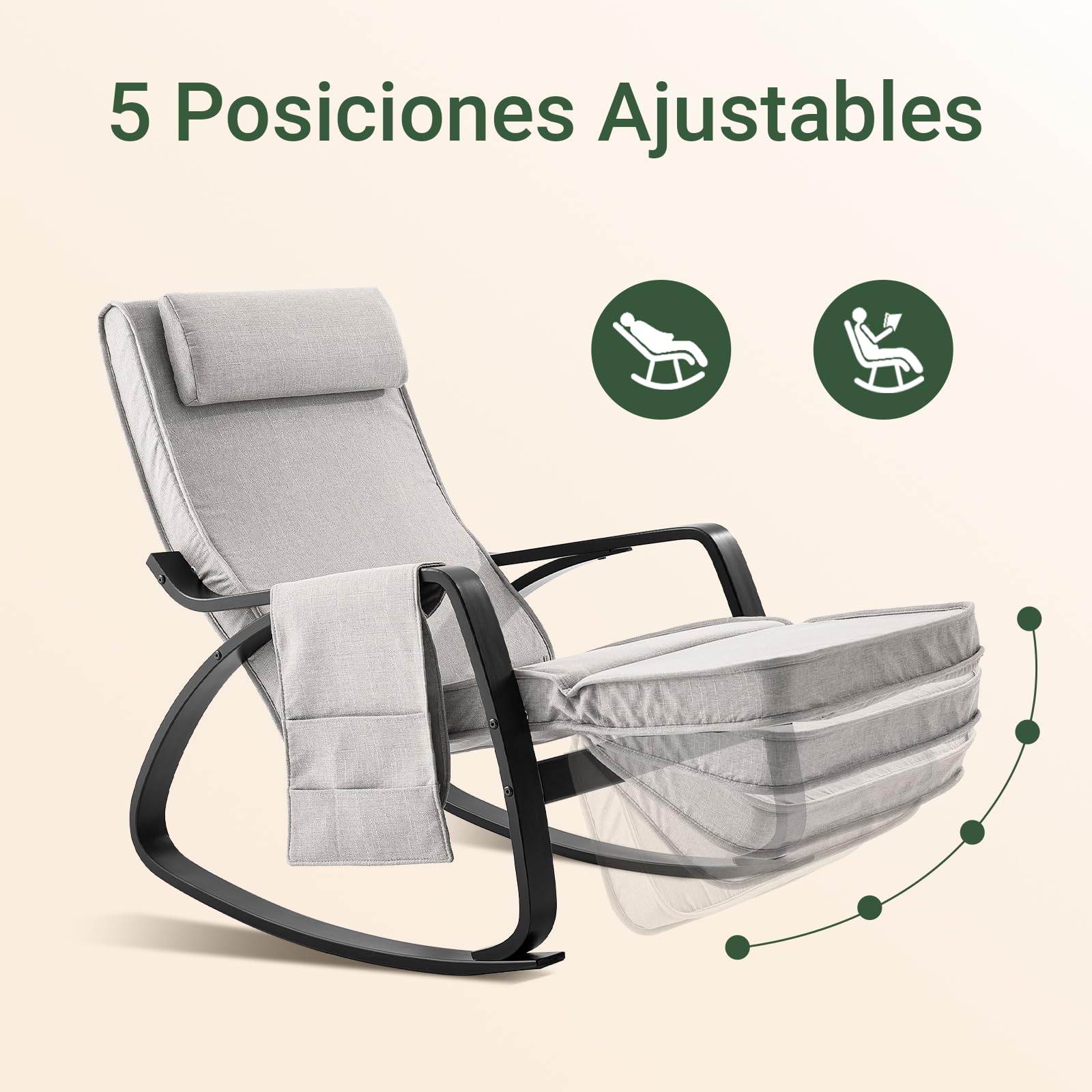 SoBuy Mecedora con Cojín, Silla Mecedora con Reposapiés Ajustable y Reposacabezas - Relajante Sillon con Bolsillo Lateral, Gris FST20-HG