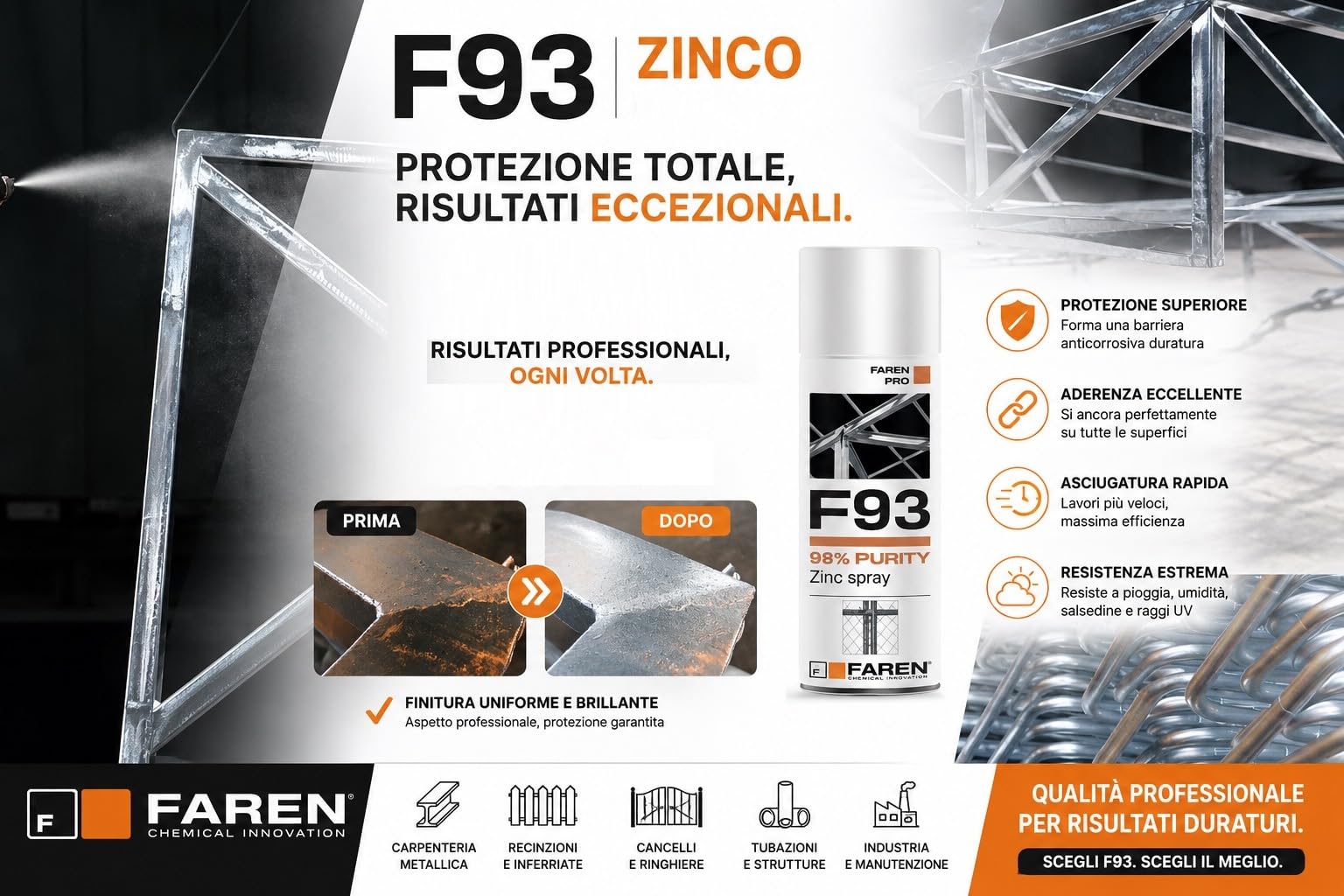 FAREN F93 Zinkspray Reinheit 98%, Kaltverzinkung, Korrosionsschutz, Rostschutz, verleiht einen hellen hellen Farbton, besonders geeignet für die Ausbesserung von geschweißten und oxidierten Teilen,