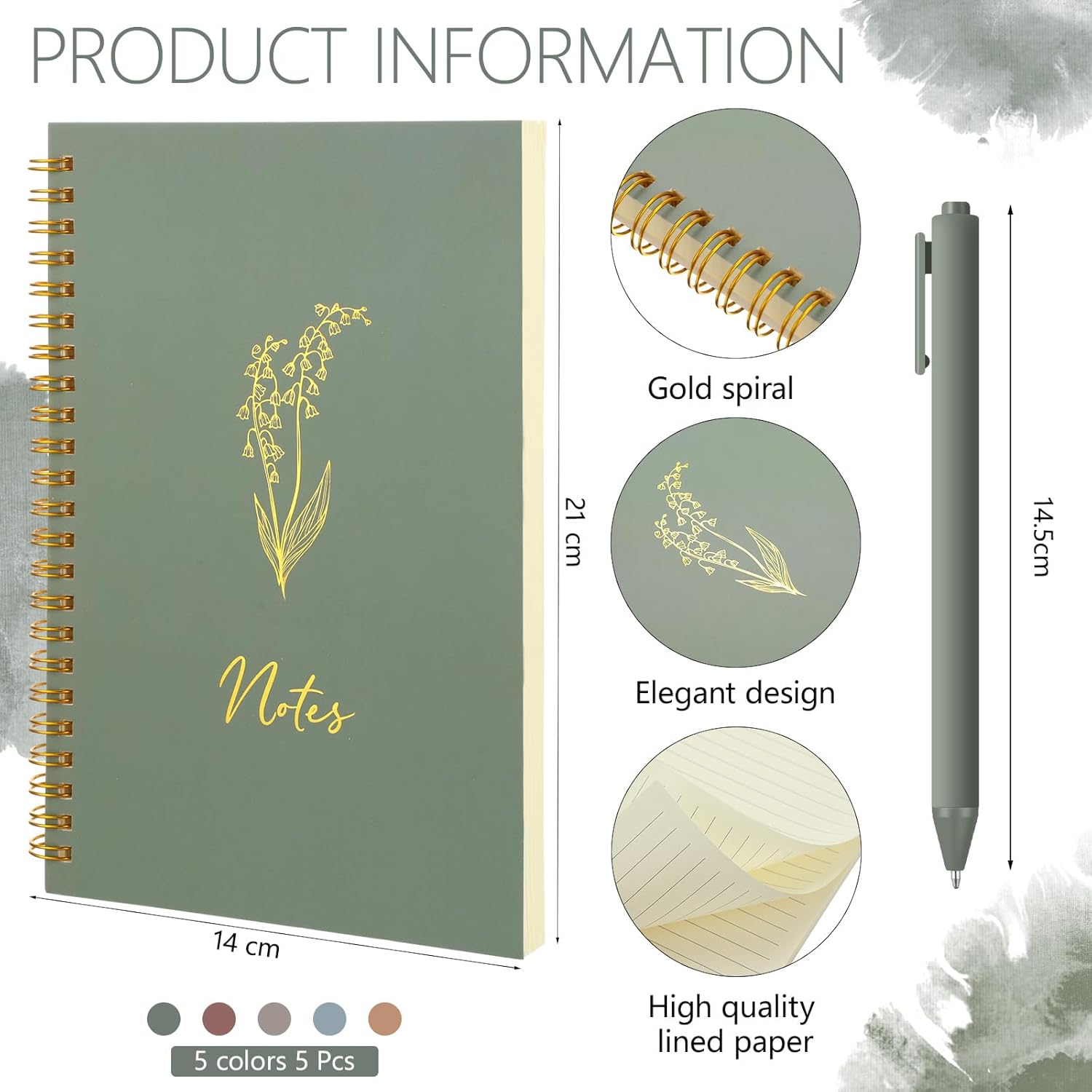 Gueevin 5 Pcs Spiral Notebook with 5 Pcs Ballpoint Pens A5 Cute College Ruled 160 Pages/ 80 Aesthetic Notebook for Work Students School Office Supplies(Morandi Color,Note) - Image 2