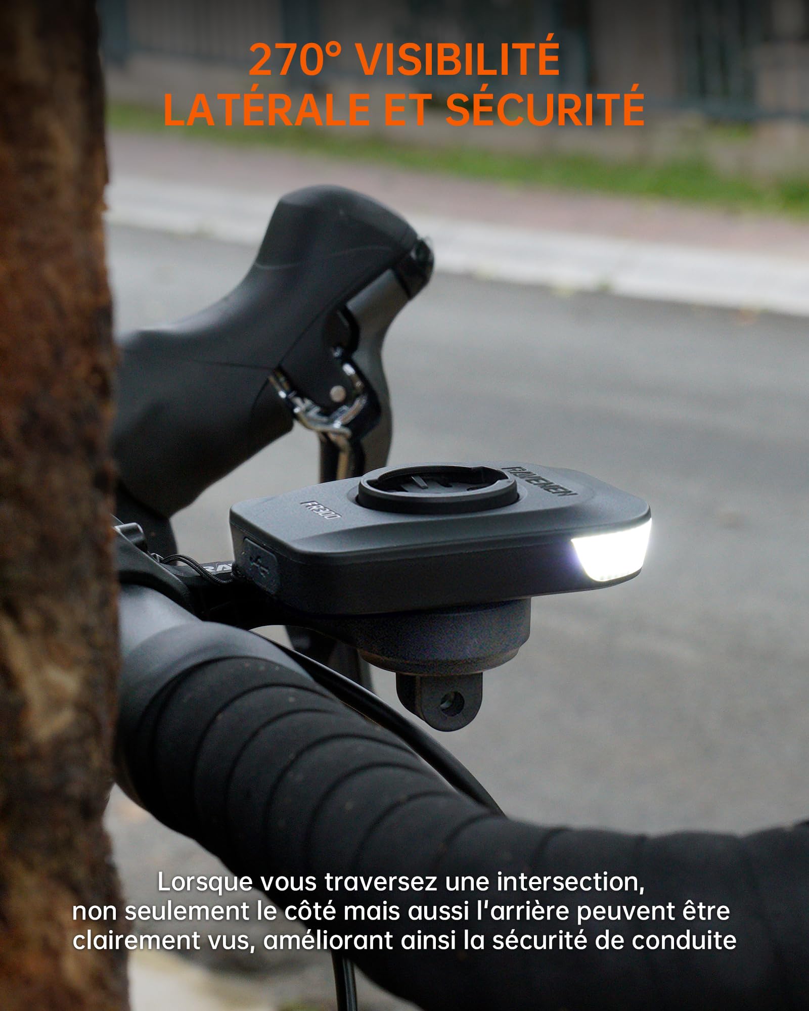 RAVEMEN FR300 Compatible avec Garmin/Wahoo Compteurs Vélo, 300 Lumens Éclairage Avant 6 Modes USB-C IPX6 étanche (Protégés par Un Brevet)