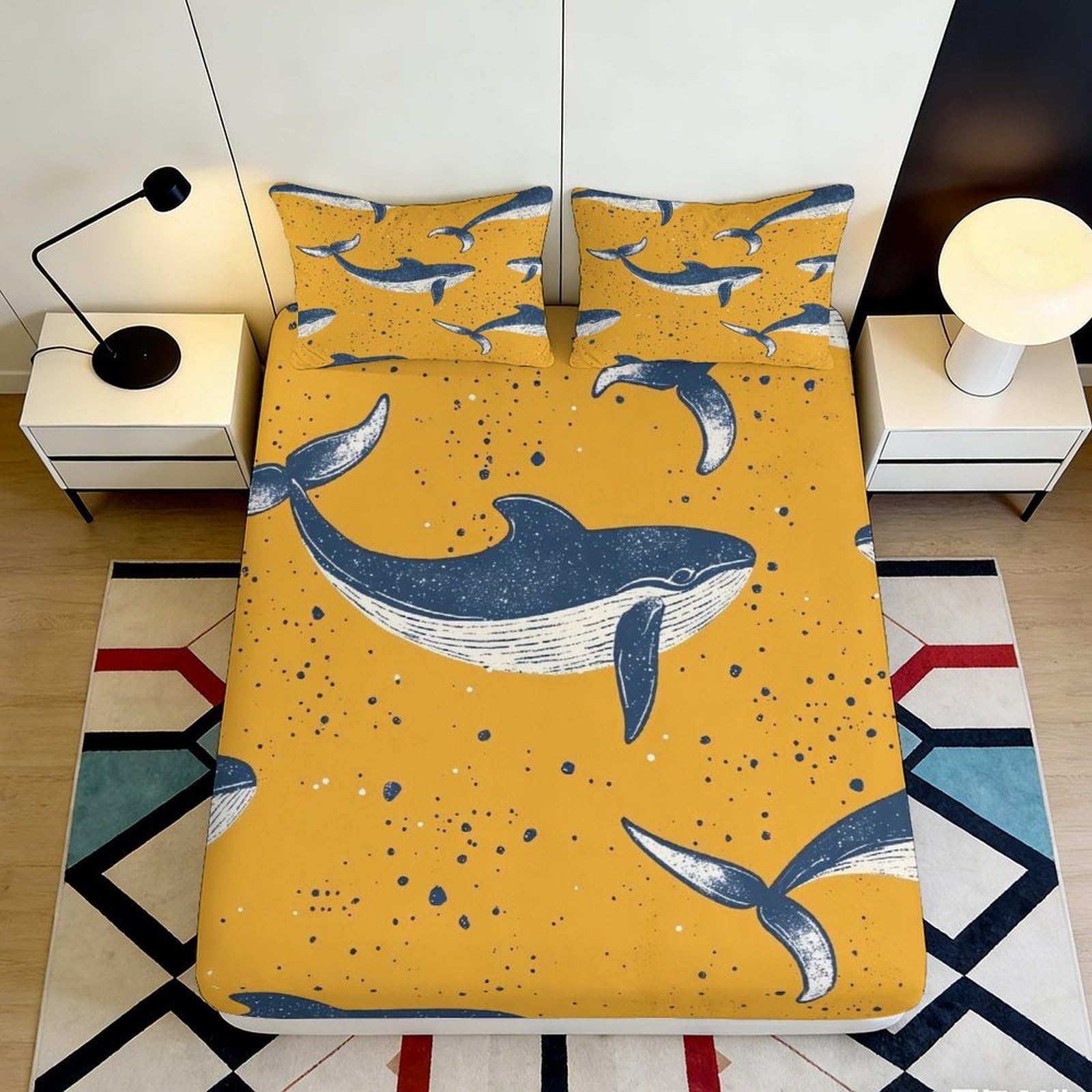 3D Printed Blue Whale Ocean Fitted Sheet Microfiber Yellow Sea Life Mattress Cover for Bedroom Guest Room Decor 120x200x25cm