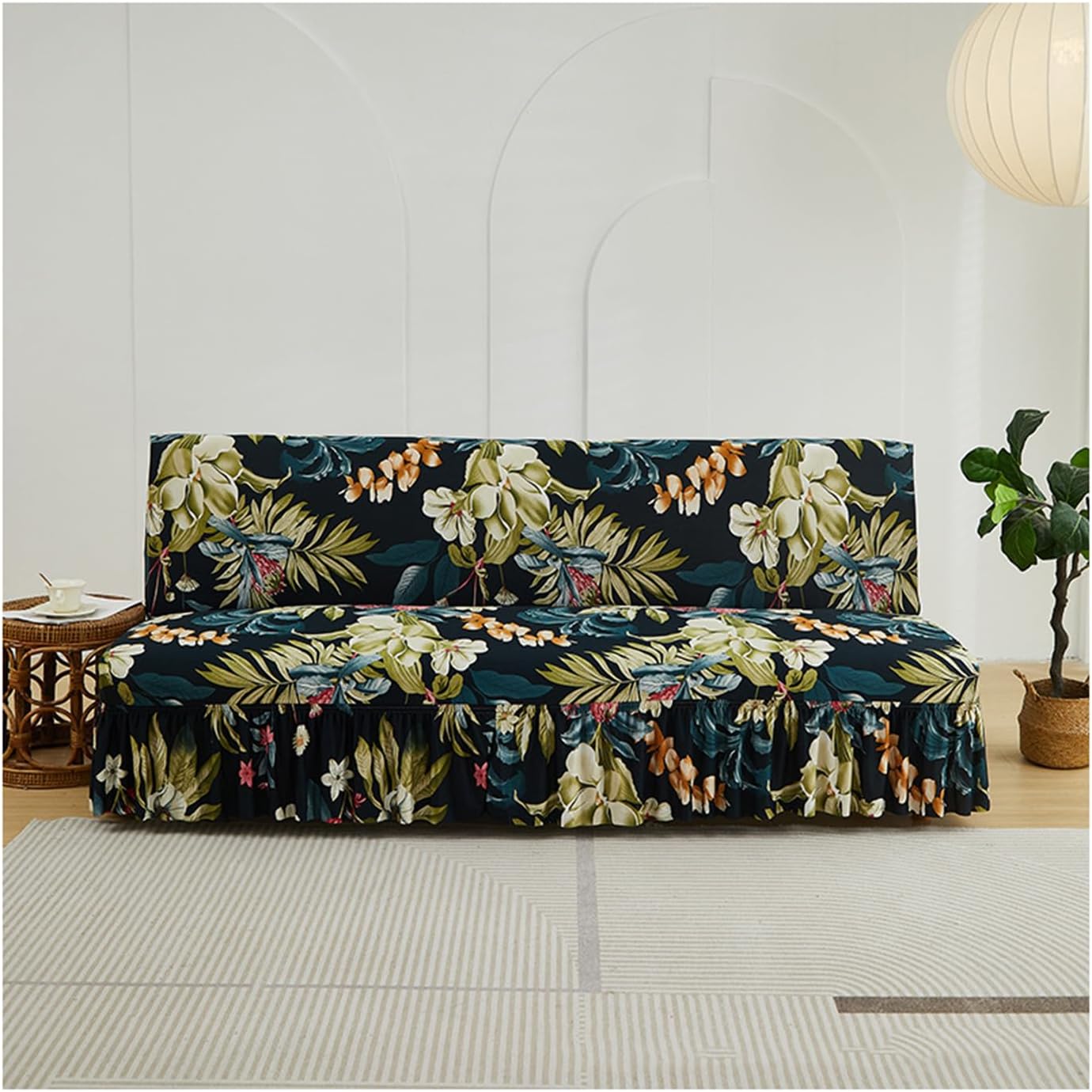 Printed Futon Covers Slipcovers No Arms, Stretch Armless Couch Cover with Skirt, Soft Armless Futon Cover 3/2 Seater Stretch Sofa Bed Slipcover, 1-Piece Form Fit Futon Cover,E,160~190CM