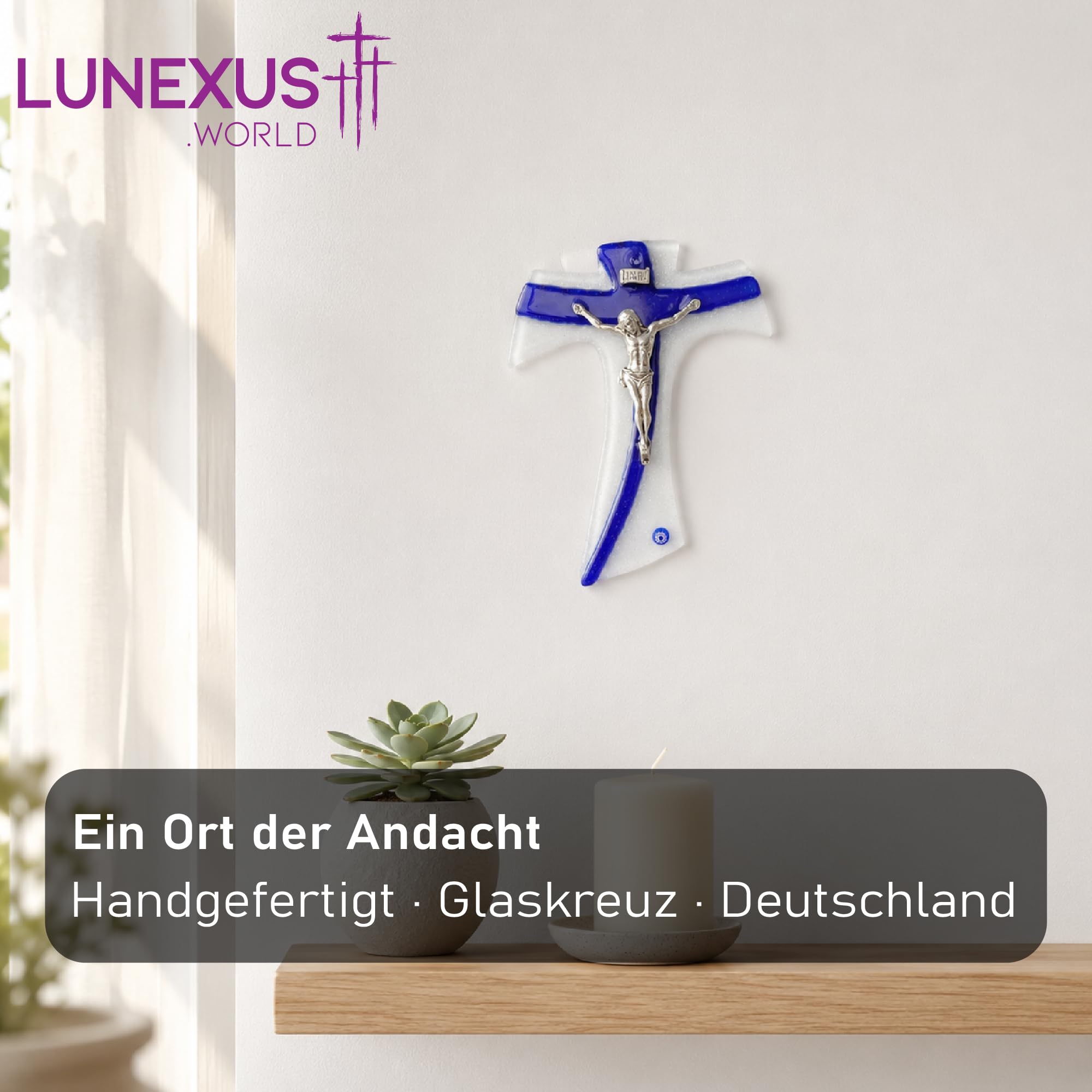 Lunexus Szklany krzyż ścienny 16 cm z korpusem Jezusa INRI biały/niebieski