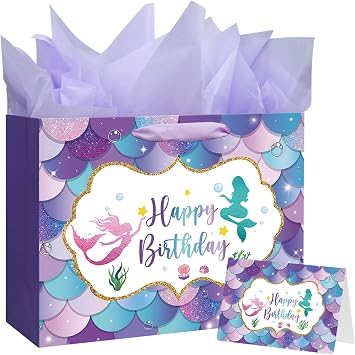 Laidans 16.5 Inch Extra Large Mermaid Birthday Gift Bag for Girls and Kids