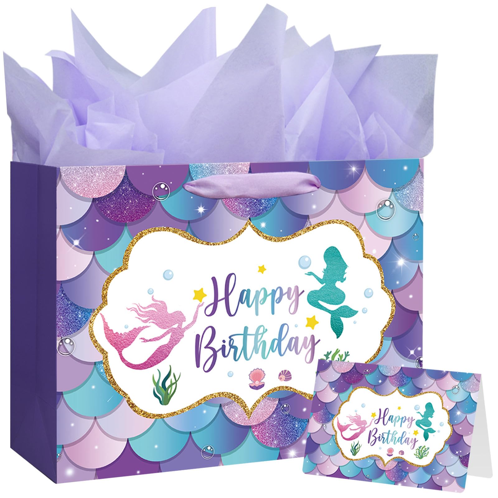 16.5" Large Mermaid Happy Birthday Gift Bag with Handle, Tissue Paper and Card for Kids Girls (16.5in Purple)