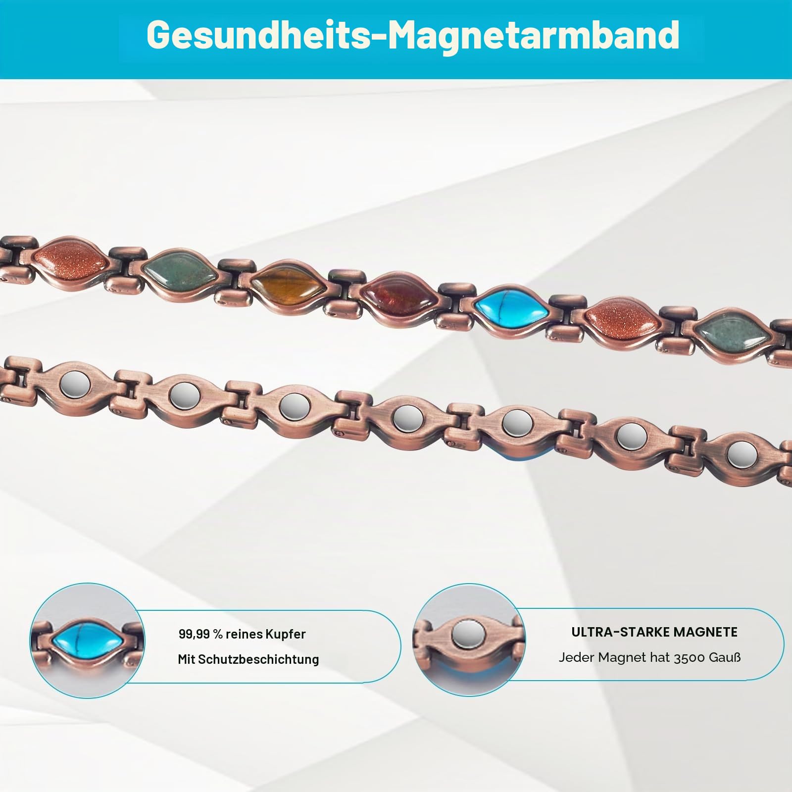 EnerCoppeX Damen-Kupferarmband, reines Kupfer, verstellbare Farbe, Türkis-Armband, 3500 Gauß-Magnet, modischer Türkis-Magnetschmuck, Kupfer