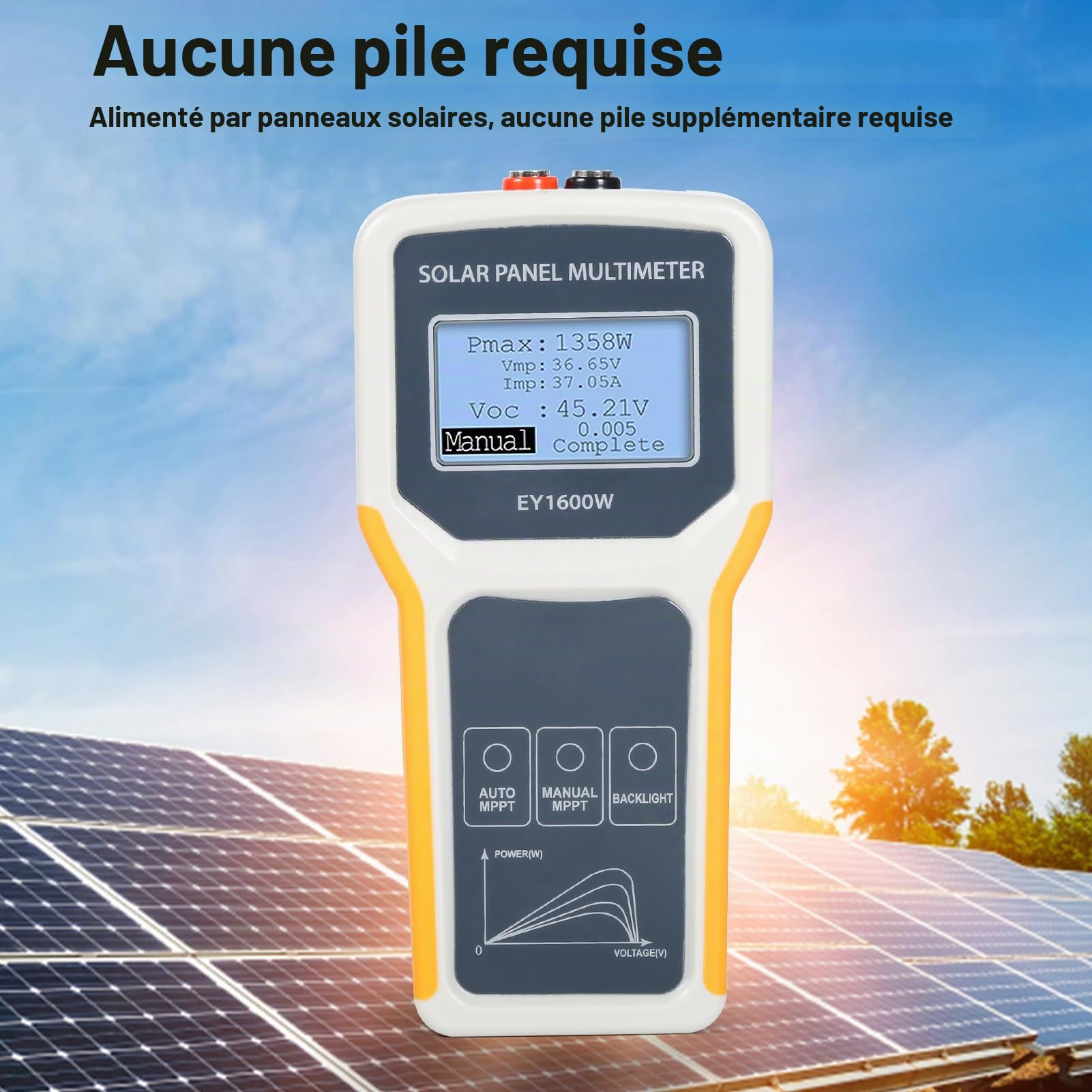 BuyWeek Testeur MPPT de Panneau Solaire EY1600W Multimètre de Panneau Solaire Photovoltaïque avec Écran LCD Aucune Alimentation requise, pour Panneau Solaire Tous Types, Protection Surintensités