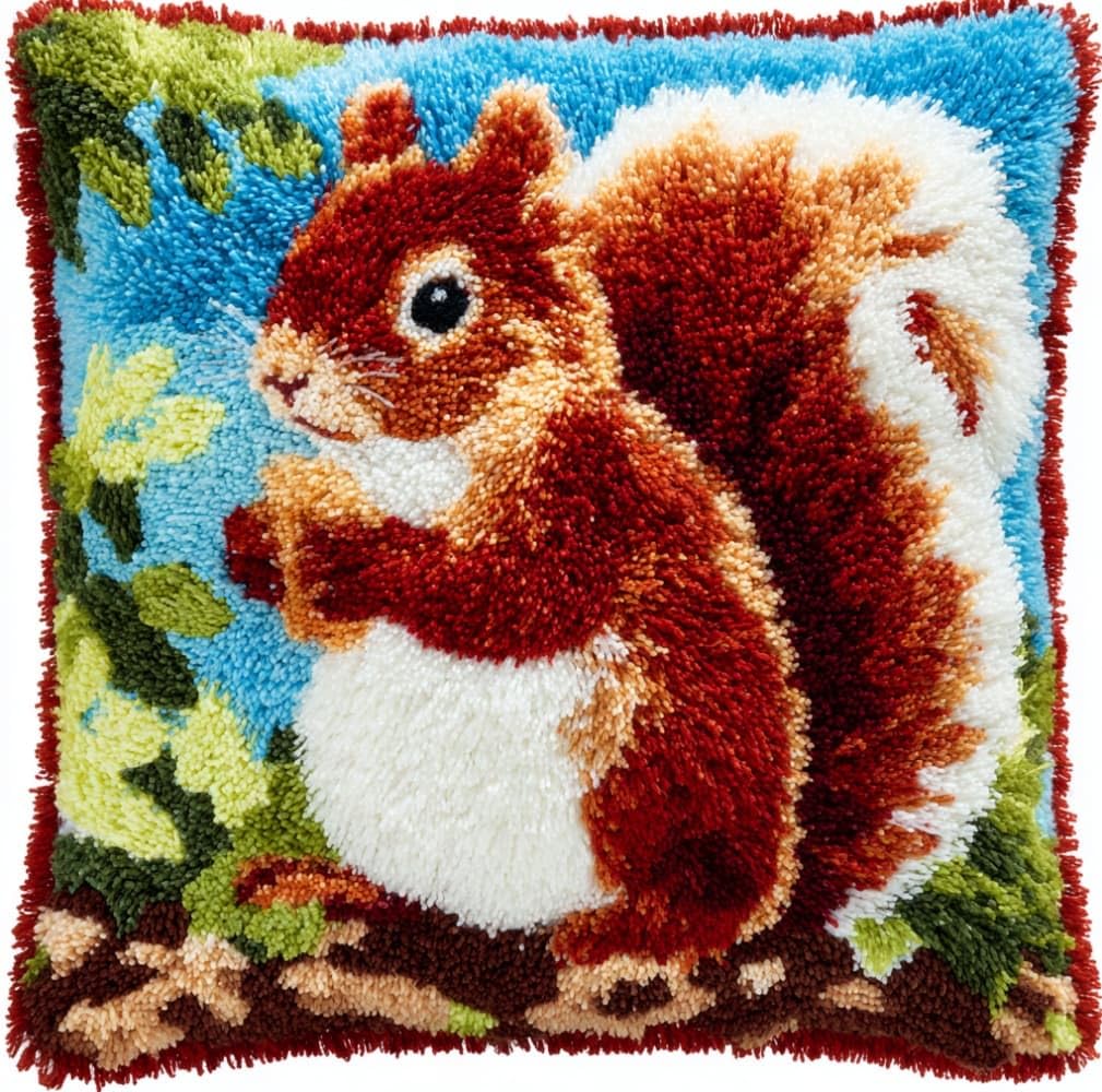 AxiangziK Latch Hook Cushion Kit for Beginners,Animal Squirrel 43x43cm Pre-Printed Canvas DIY Craft Set,Complete Cushion Cover Kit for Living Room Sofa Decor