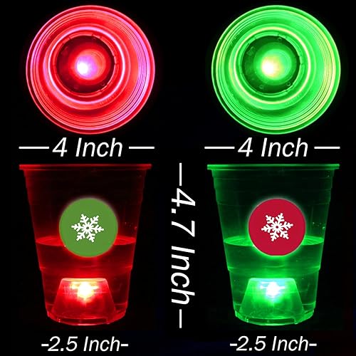 Miniatura 5 de noveltymeme Juego de 22 tazas de pong luminosas de Navidad para fiesta de Navidad con 6 bolas de copo de nieve, 20 copos de nieve de plástico, rojo