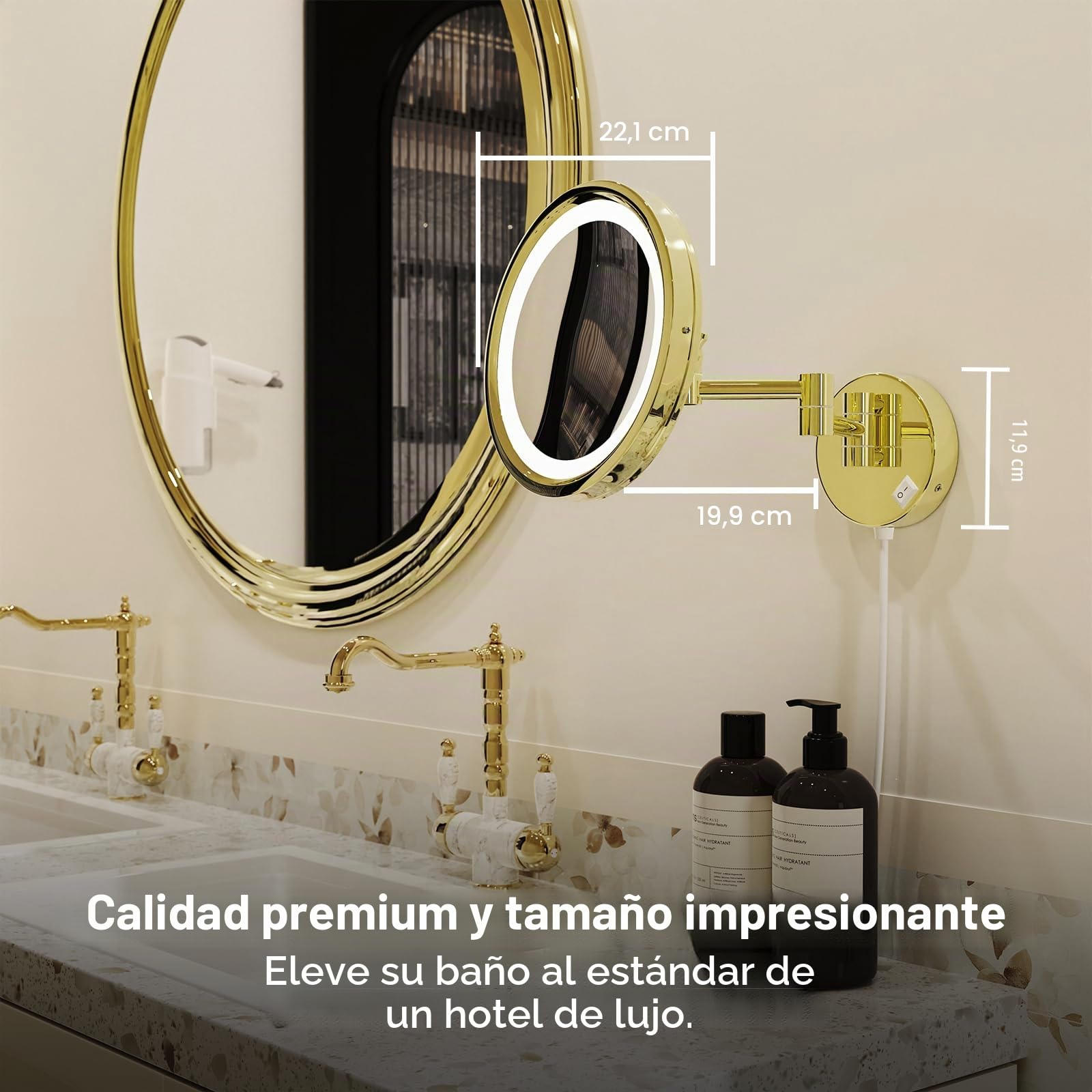 DOWRY Espejo Maquillaje con Luz x10 Espejos de Aumento de Pared Dorados Espejo Extensible Baño,Ø21.5cm