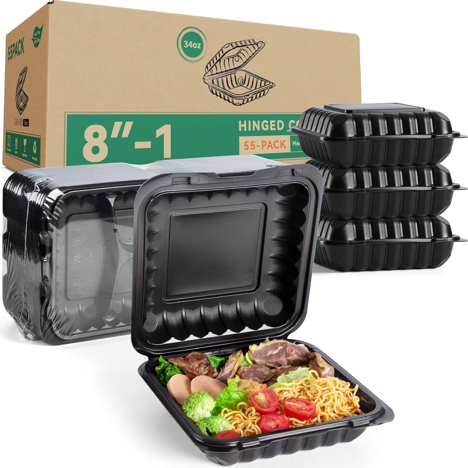 LEOBOX Take Out Containers, 55 Pack To Go Containers Reusable 8 Inch 34 oz Black