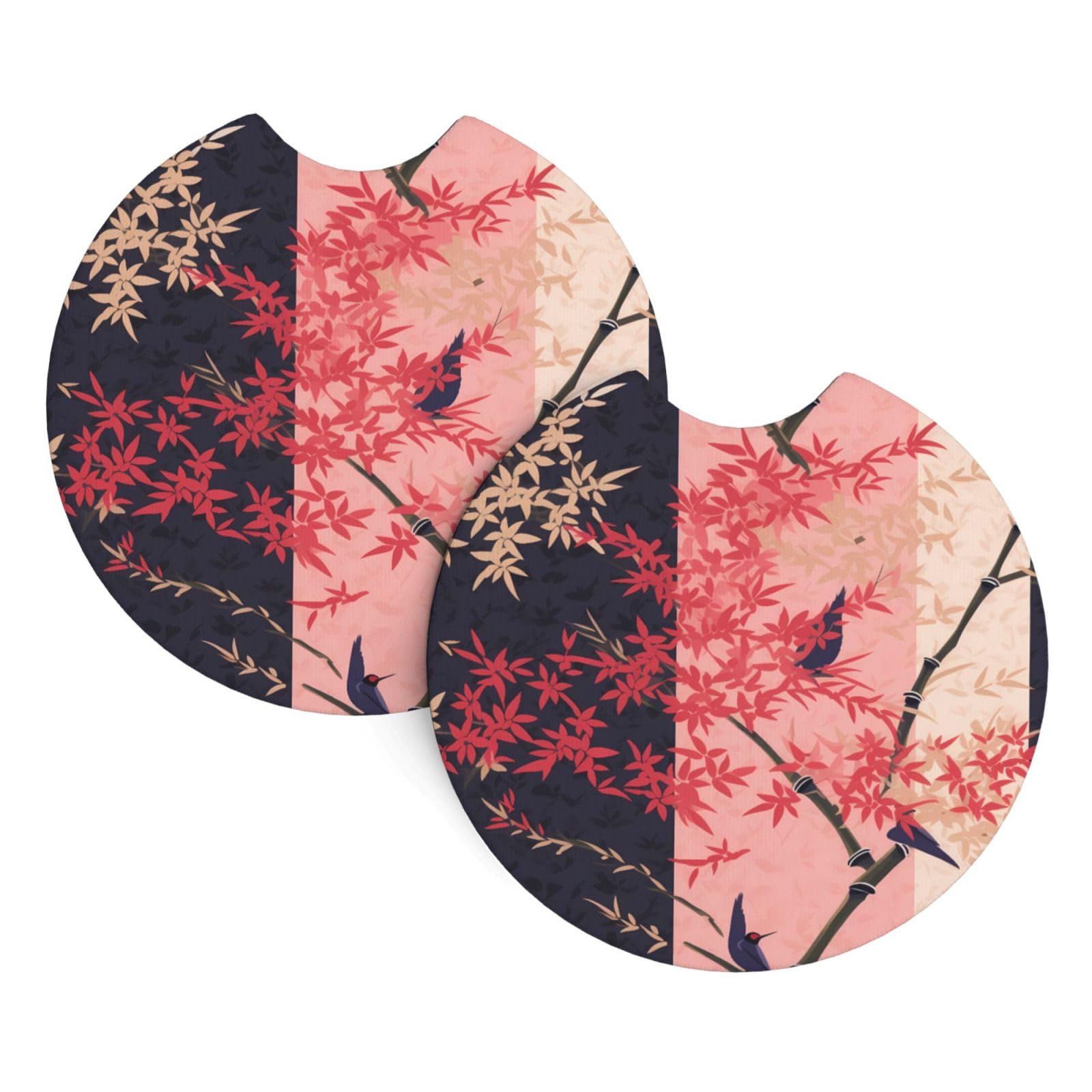 HJFCZH Bamboo and Cherry Blossoms Printed Car Coaster Set of 2 - Waterproof Rubber Cup Holder Protectors for Cars, Trucks & SUVs