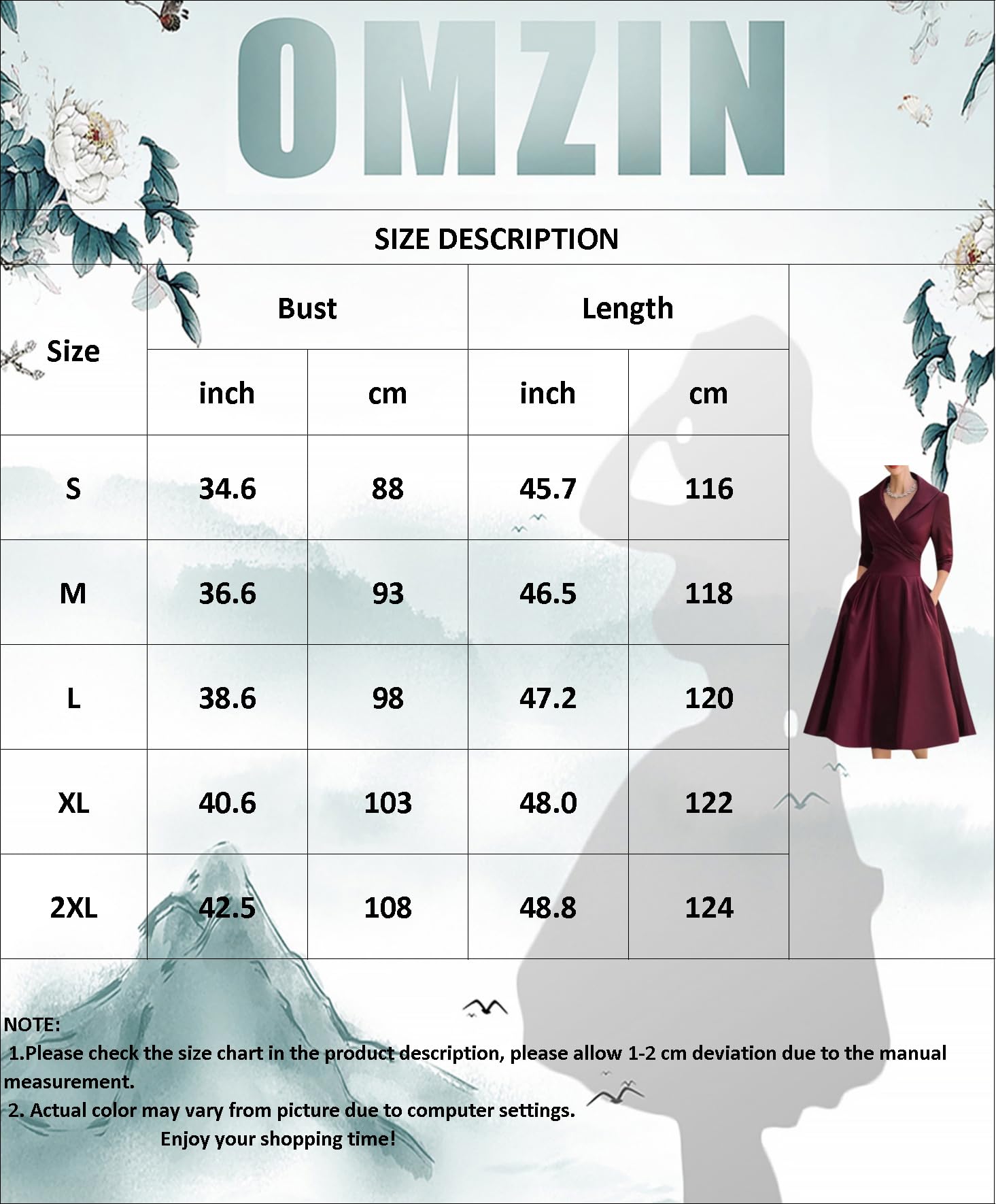OMZIN Mujeres Envuelva V Cuello 3/4 Manga Vestido Elegante Ajuste Y Flare Fiesta Cóctel Vestido De Trabajo con Bolsillos