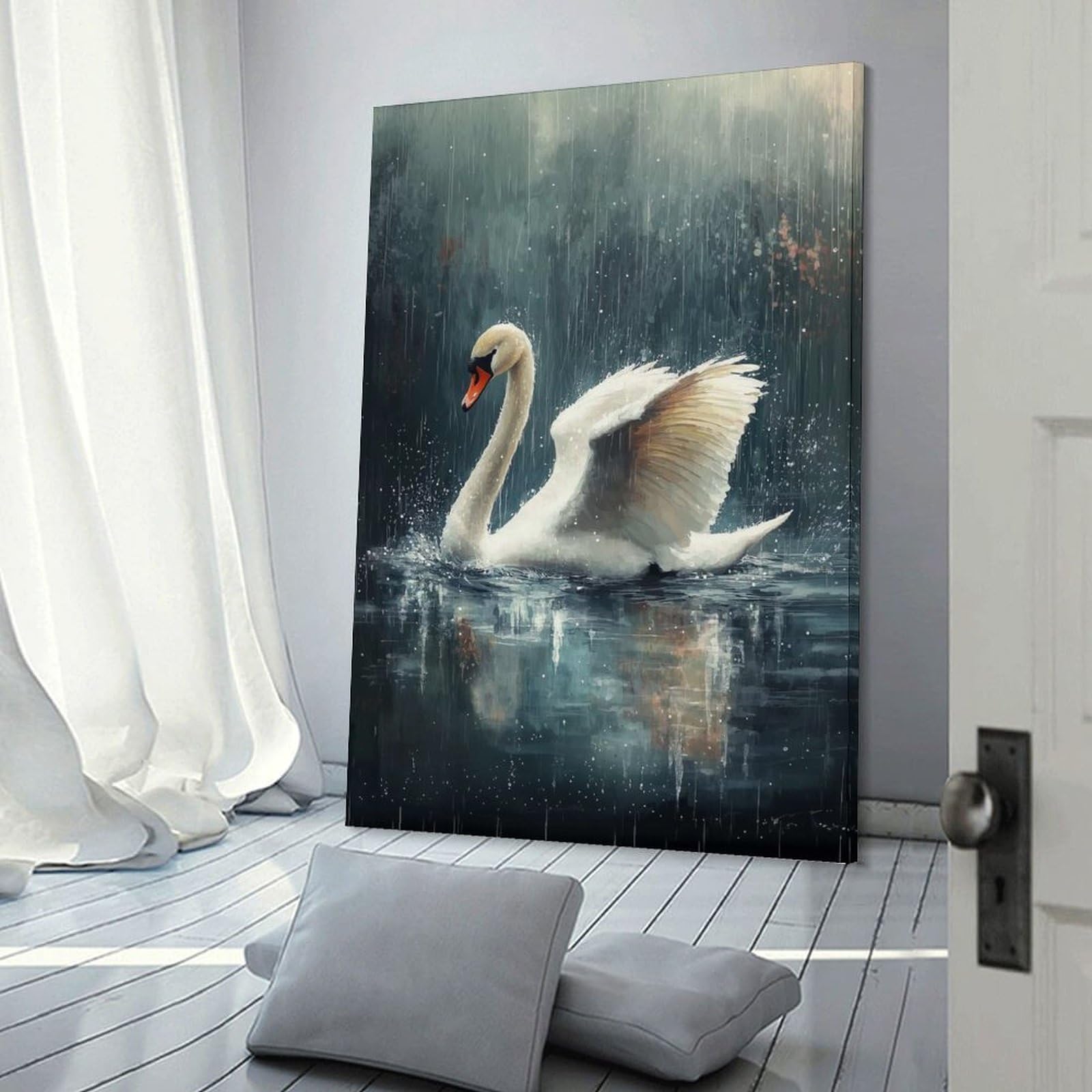 Junmoney Frame-Style Swan In The Rain Hanging Wall Art, 24X36inch(60X90cm), For Entrance Walls, Hall Decor Or Foyers, Wall Decor To Refresh Empty Corners