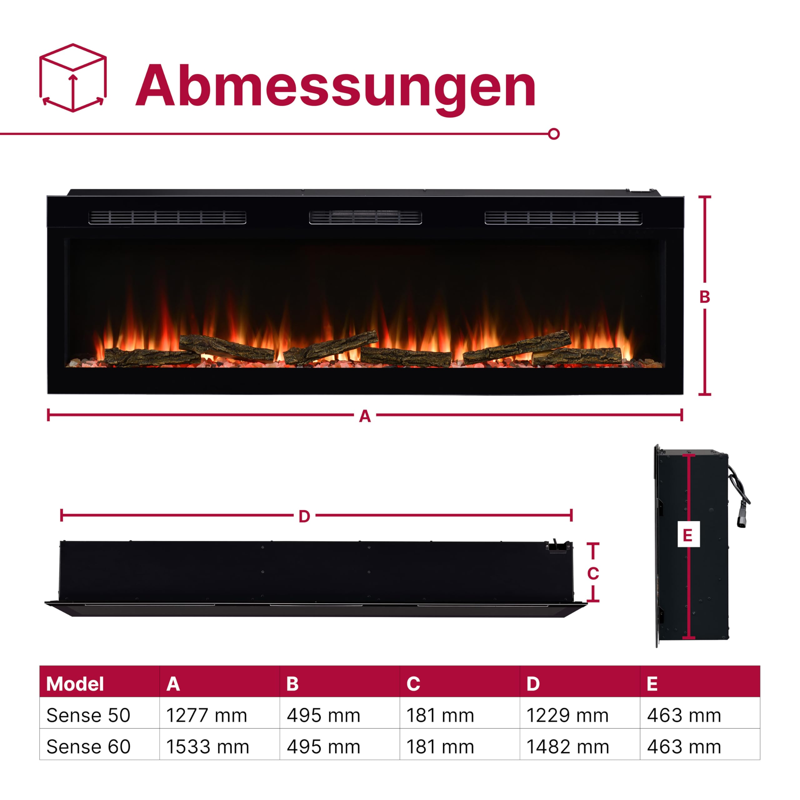Dimplex Sense 60" Elektrokamin - Wandkamin - Elektrokamin mit Heizung - Kamineinsatz Elektrisch mit LED Optiflame Flameneffekt - Zuschaltbarer 2kW Heizlüfter - Inkl. Fernbedienung und App