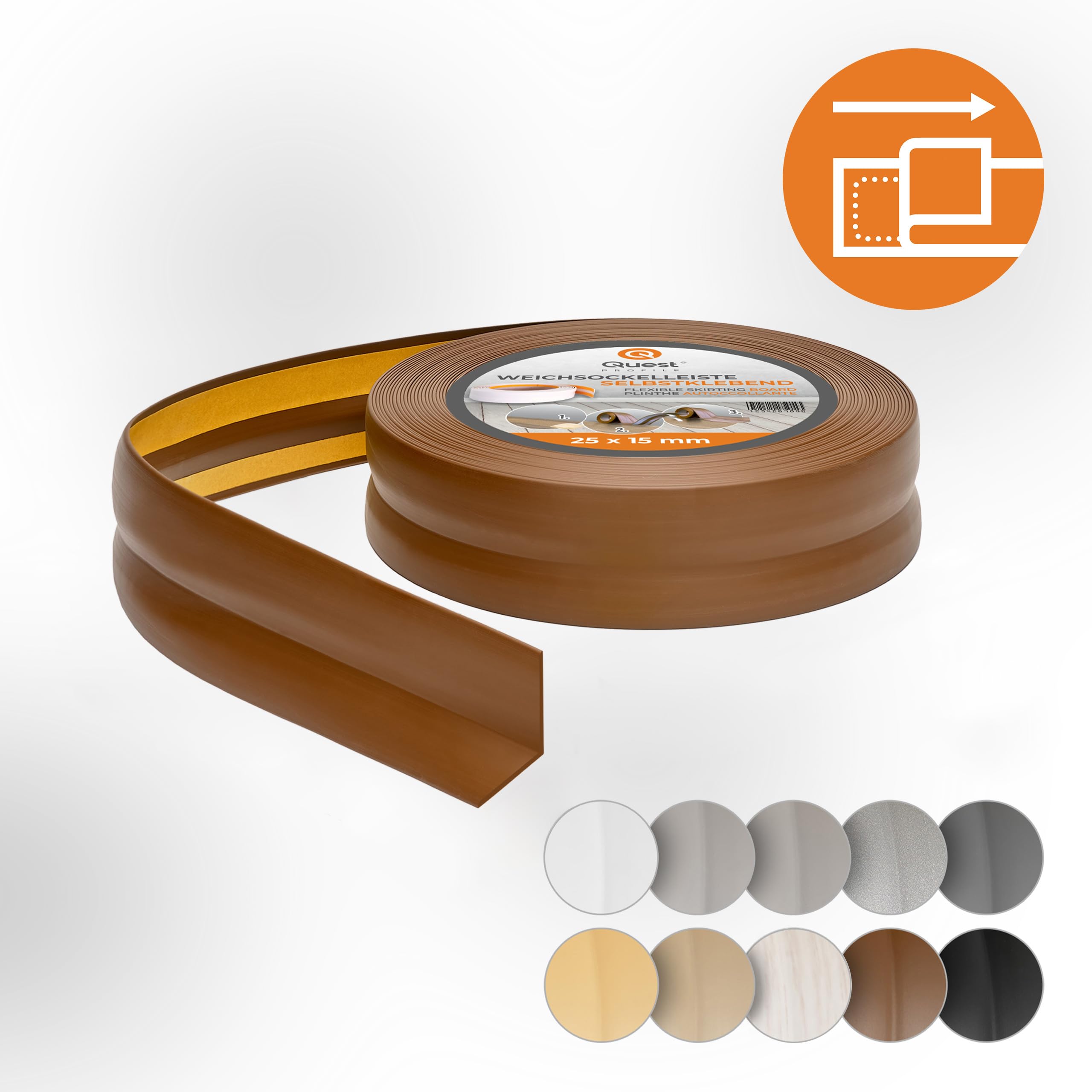 Quest Rodapié Flexible PVC 25x15 mm Autoadhesivo - Marrón, 15 m