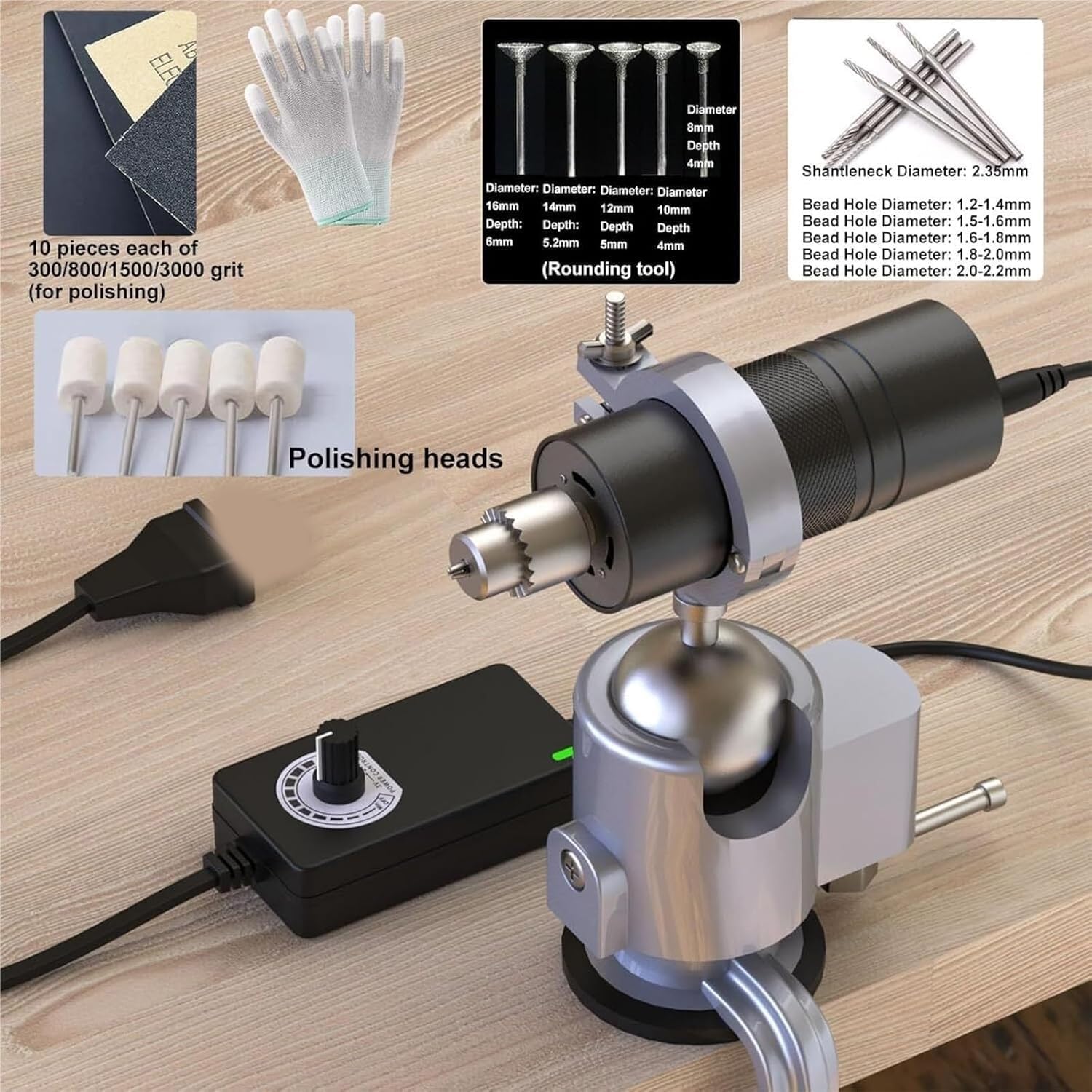 Mini tornio per legno con lucidatrice, supporto dedicato, 5 utensili per arrotondare, 5 teste di lucidatura e perni di fissaggio, velocità regolabile.