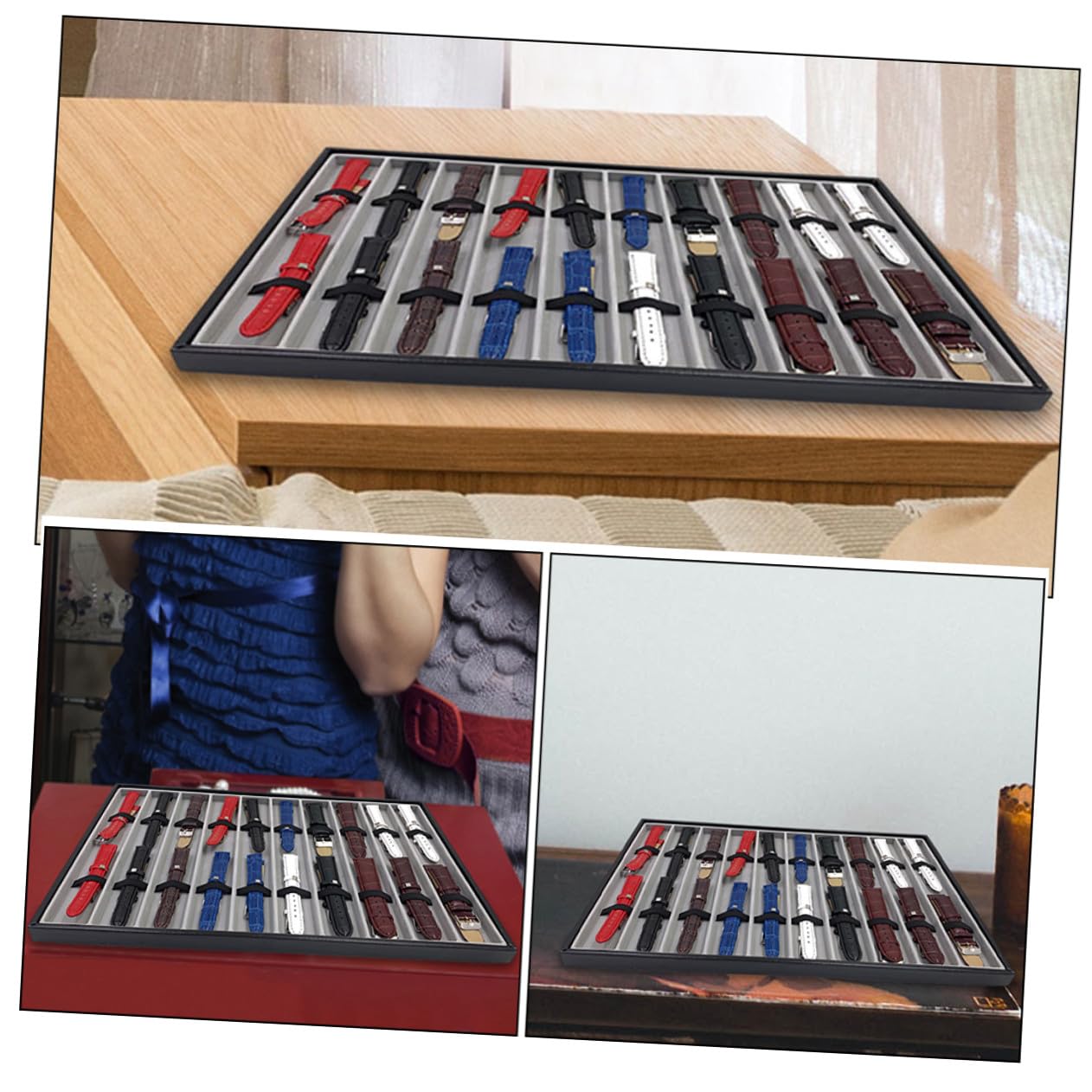 Hohopeti Bandeja de Almacenamiento Rectangular en Mdf y Cuero Negro 2 Piezas Multifuncional para Correas de Reloj para Uso Hogar