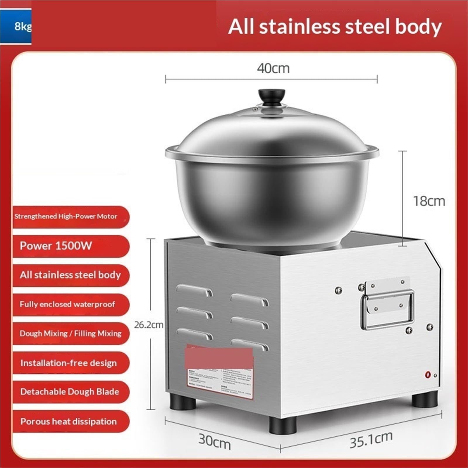 Batidora de pie, Máquina Mezcladora De Masa Comercial, Amasadora Automática Acero Inoxidable con Capacidad 3/5/8kg para Equipos Procesamiento Alimentos Panadería(8kg)