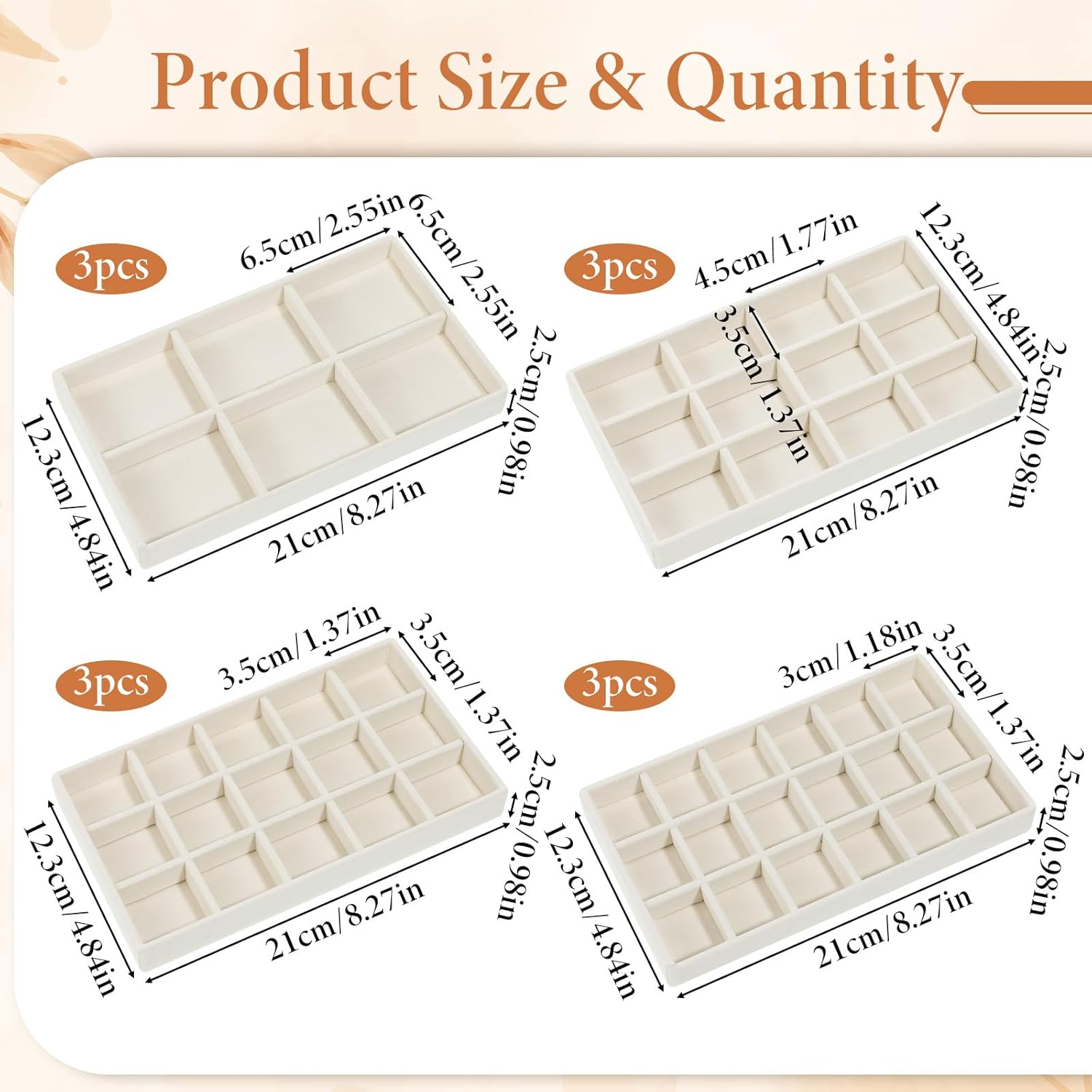 12 Pcs Stackable Jewelry Organizer Trays, Adjustable Velvet Jewelry Box Tray, Drawer Inserts Earring Organizer, Divided Earring Storage Containers, Ring Bracelet Display Case(Beige)