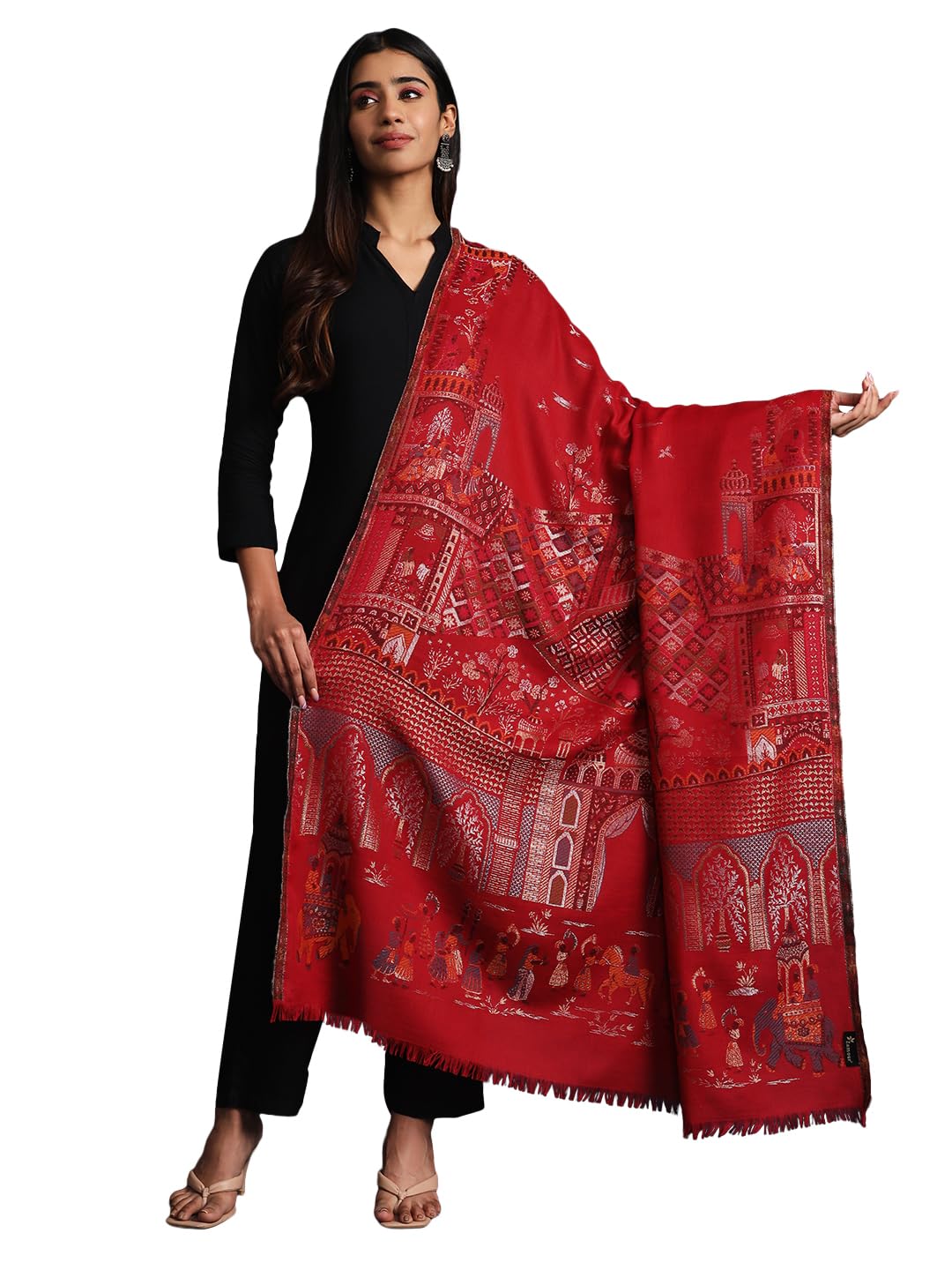 zamour Women's Kani Luxury Mughal Shawl Exquisite Zari Pattern, Soft Wool Material, Winter Woolen Pashmina Feel Wrap-picture-10